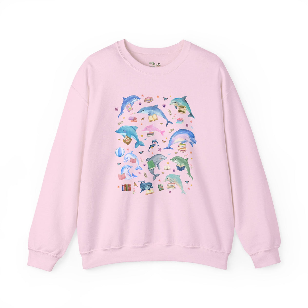 Bookish Dolphin Lover Sweatshirt for Friend Who Loves Dolphins and Reading, Cute High School or Elementary School Librarian Reading Teacher Crewneck - Opal and June