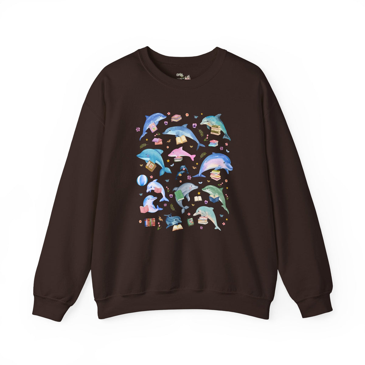 Bookish Dolphin Lover Sweatshirt for Friend Who Loves Dolphins and Reading, Cute High School or Elementary School Librarian Reading Teacher Crewneck - Opal and June