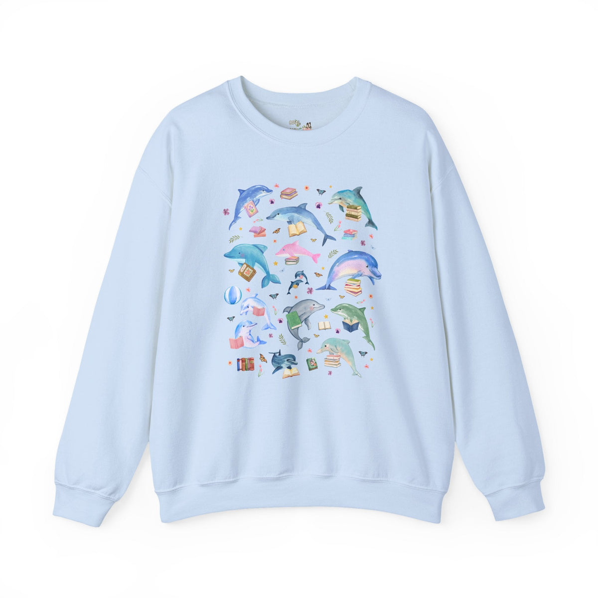 Bookish Dolphin Lover Sweatshirt for Friend Who Loves Dolphins and Reading, Cute High School or Elementary School Librarian Reading Teacher Crewneck - Opal and June