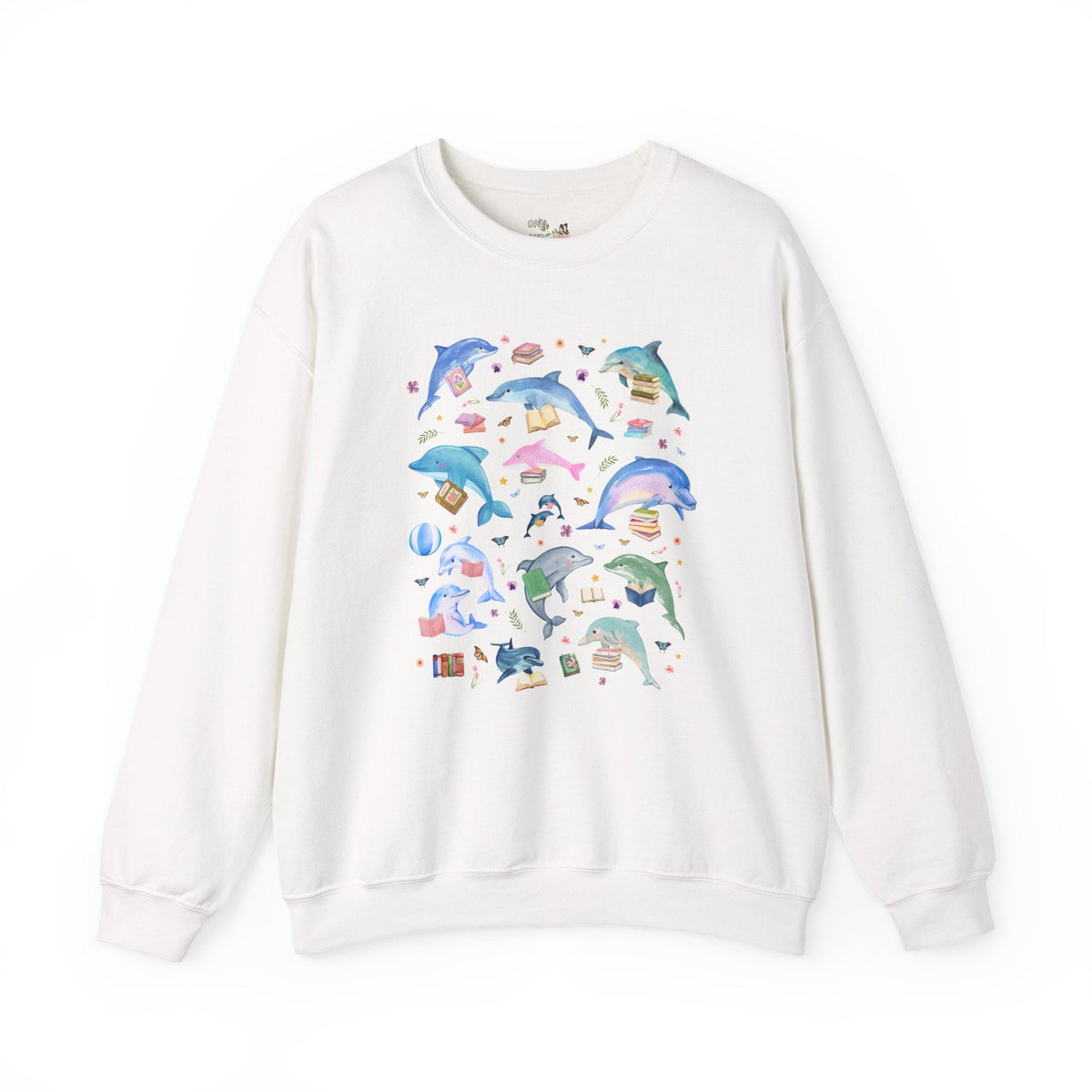 Bookish Dolphin Lover Sweatshirt for Friend Who Loves Dolphins and Reading, Cute High School or Elementary School Librarian Reading Teacher Crewneck - Opal and June