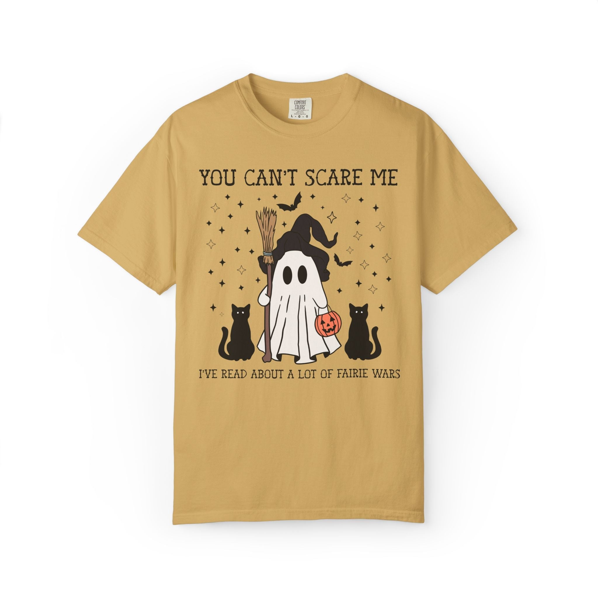 Bookish Fantasy Romance Reader Halloween Tee Shirt with Ghost and Black Cats: You Can't Scare Me, I've Read About a Lot of Fairie Wars - Opal and June