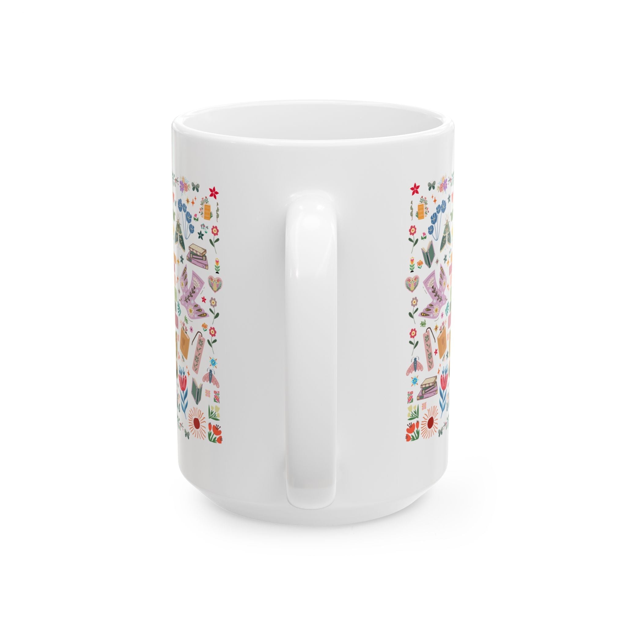 Bookish Folk Art Coffee Mug for Book Lover, Maximalist Butterfly Lover Librarian Crewneck, Reading Teacher or Romance Reader, Floral Books - Opal and June