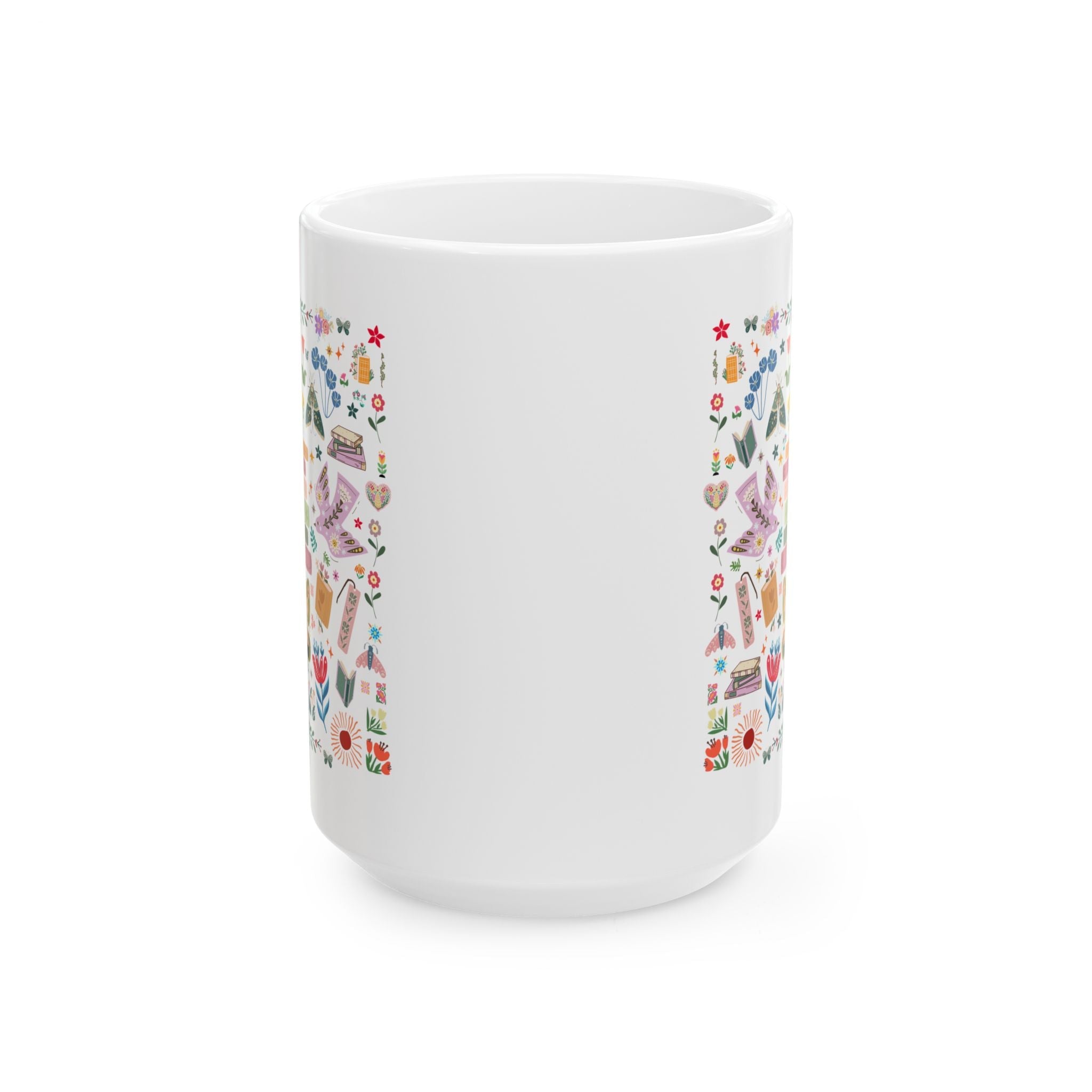 Bookish Folk Art Coffee Mug for Book Lover, Maximalist Butterfly Lover Librarian Crewneck, Reading Teacher or Romance Reader, Floral Books - Opal and June