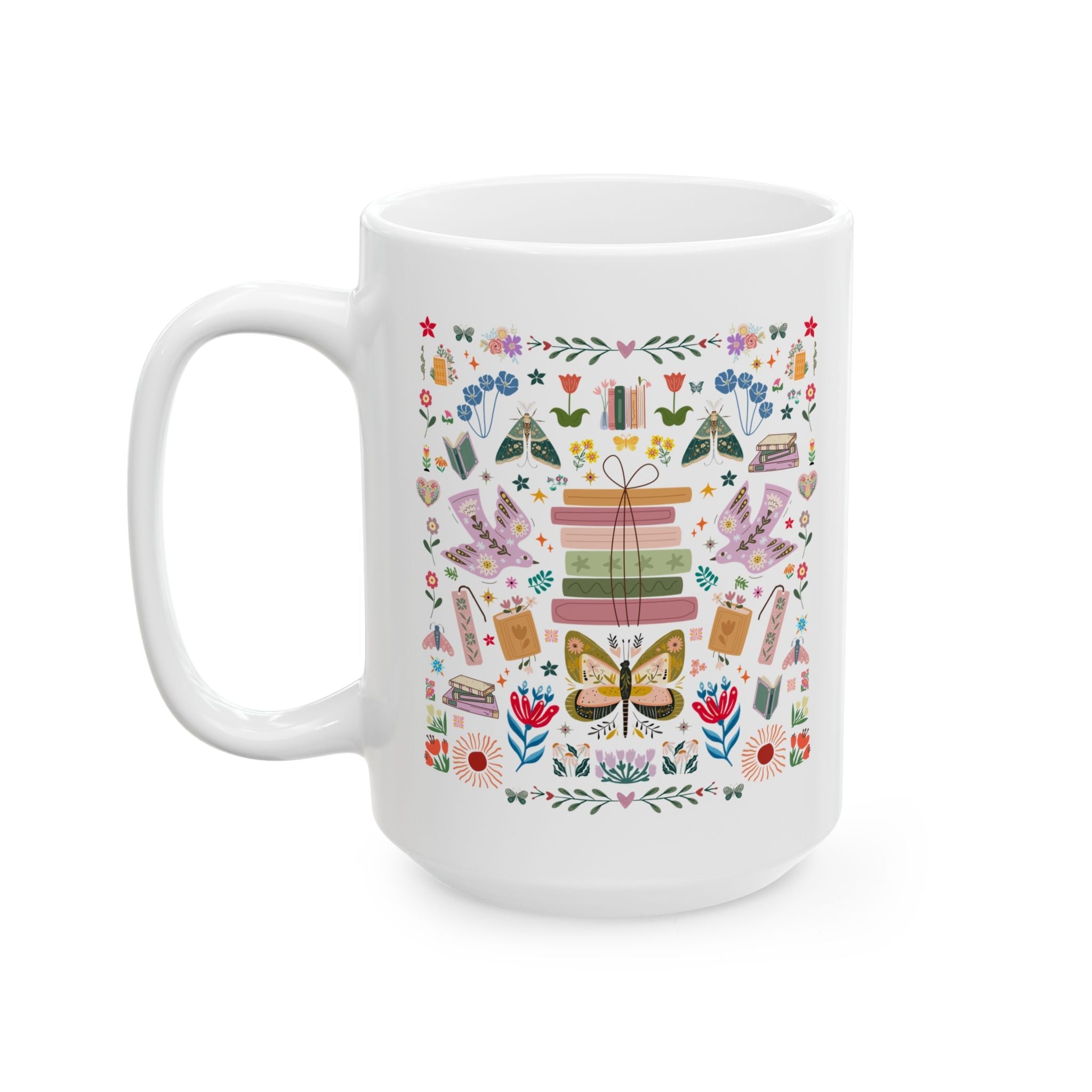 Bookish Folk Art Coffee Mug for Book Lover, Maximalist Butterfly Lover Librarian Crewneck, Reading Teacher or Romance Reader, Floral Books - Opal and June