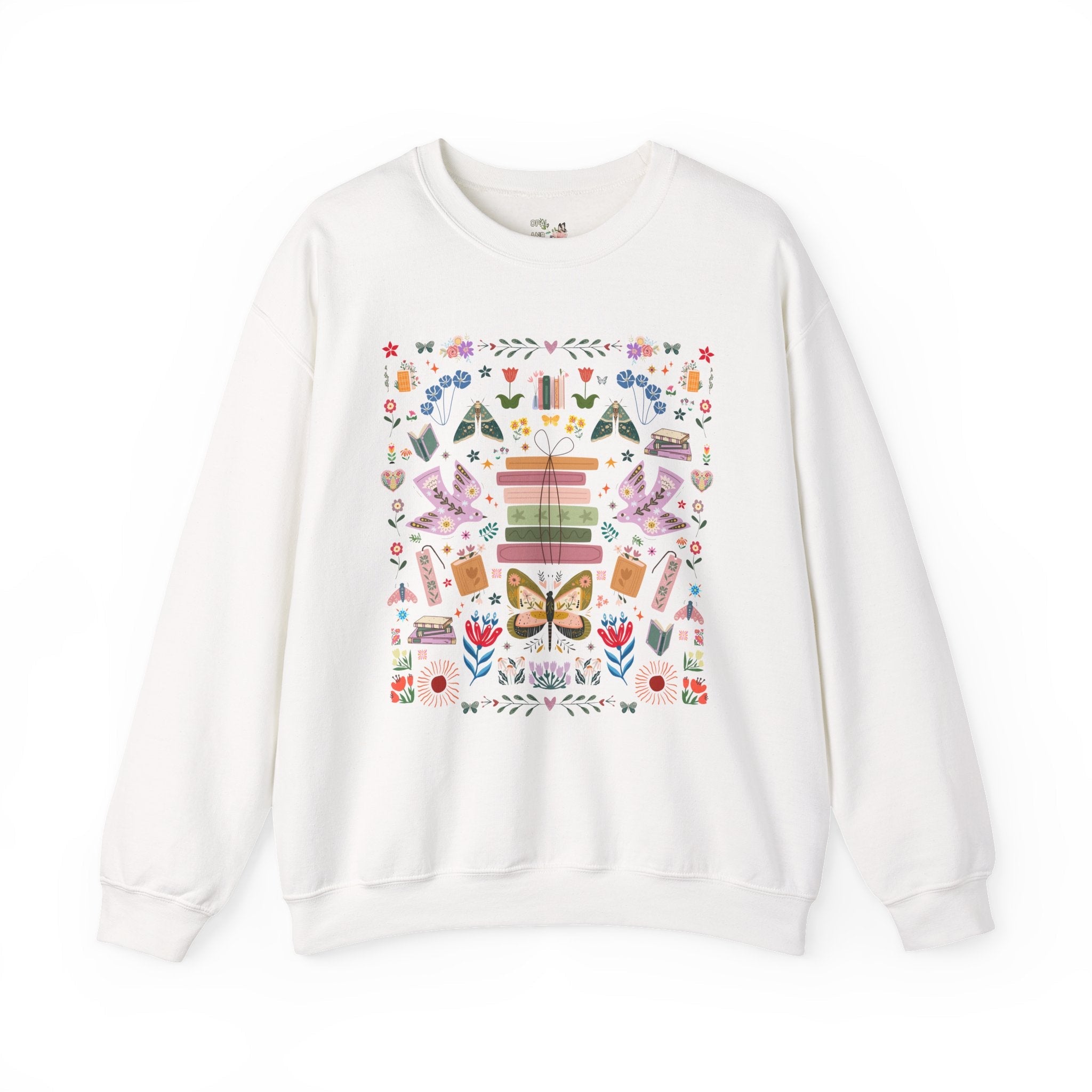 Bookish Folk Art Sweatshirt for Book Lover, Maximalist Butterfly Lover Librarian Crewneck, Reading Teacher or Romance Reader, Floral Books - Opal and June