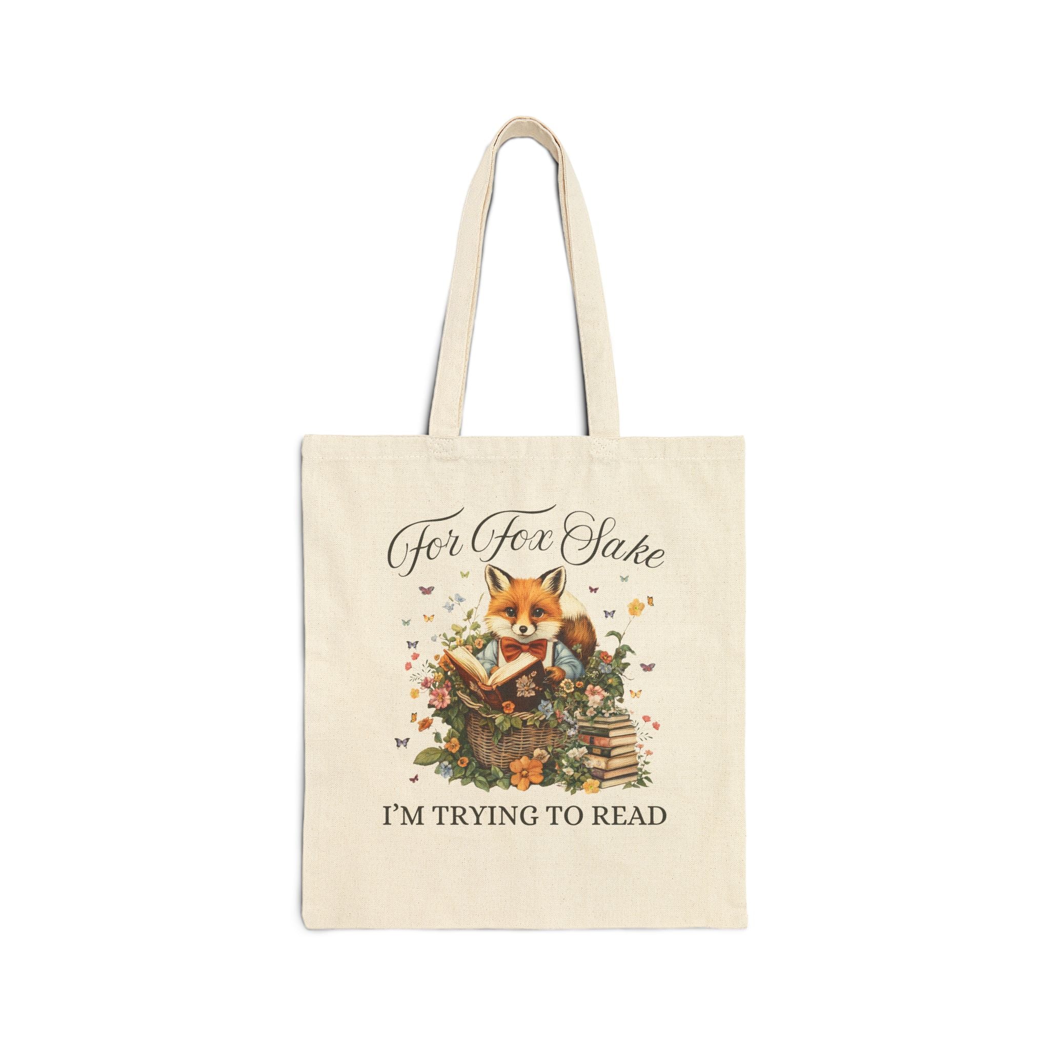 Bookish Fox Tote Bag for Animal Lover Who Loves Reading, Cute Bookworm Tote with Cottagecore Flowers, Silly Goblincore Book Lover Bag - Opal and June