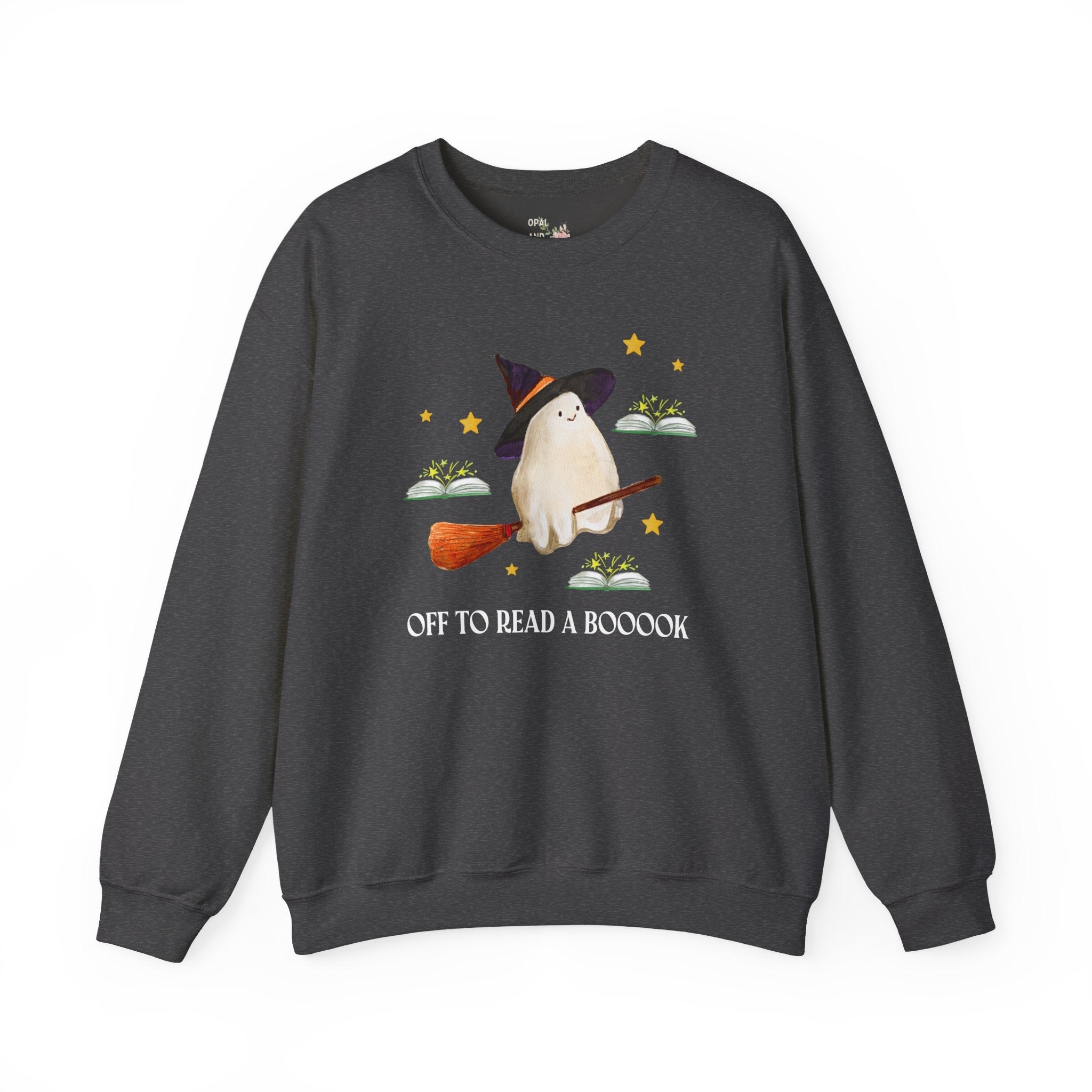 Bookish Ghost Sweatshirt for Halloween: Off To Read a Boooook, Silly Book Lover Shirt for Spooky Season, School Librarian, Reading Teacher - Opal and June
