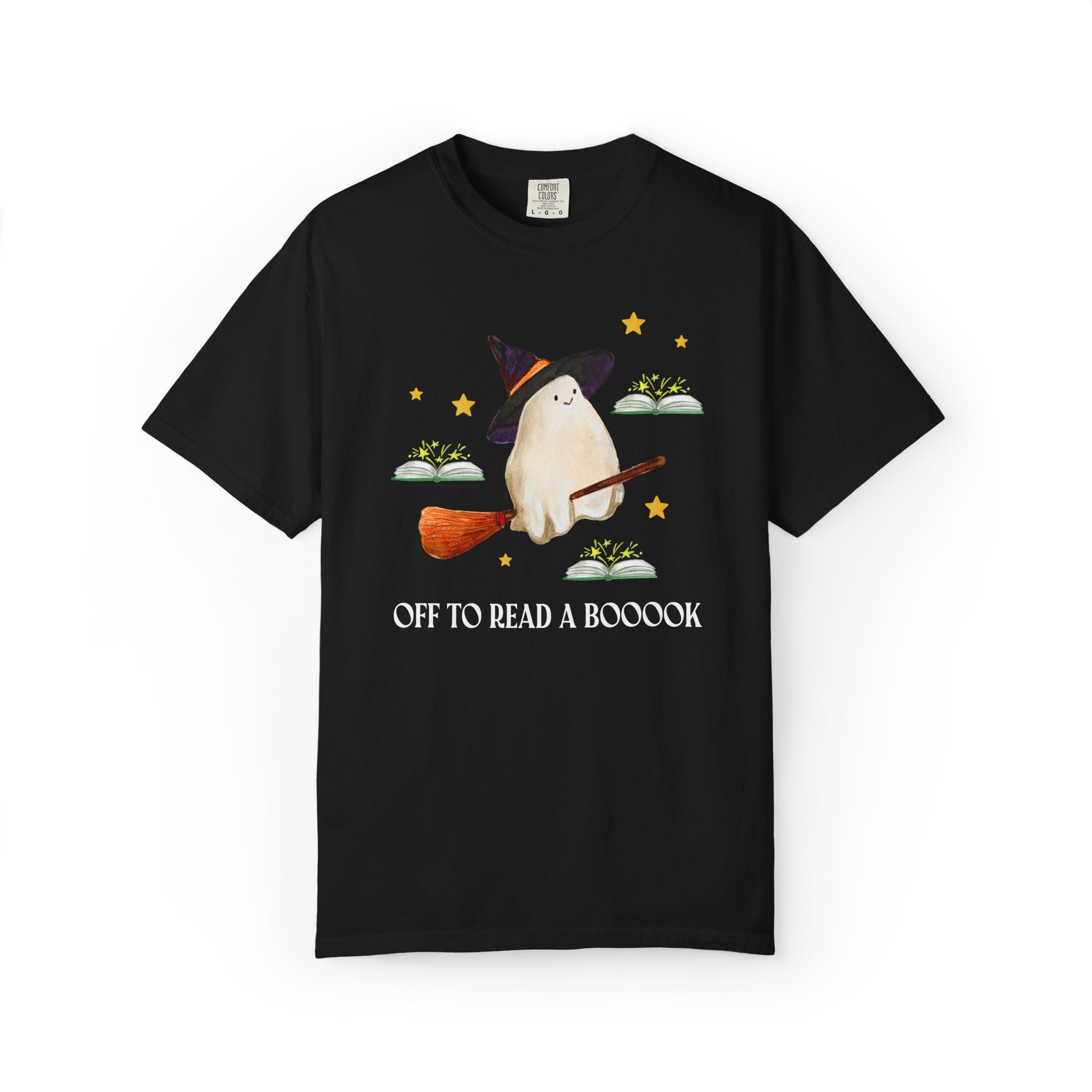 Bookish Ghost Tee Shirt for Halloween: Off To Read a Boooook, Silly Book Lover T-Shirt for Spooky Season, School Librarian, Reading Teacher - Opal and June