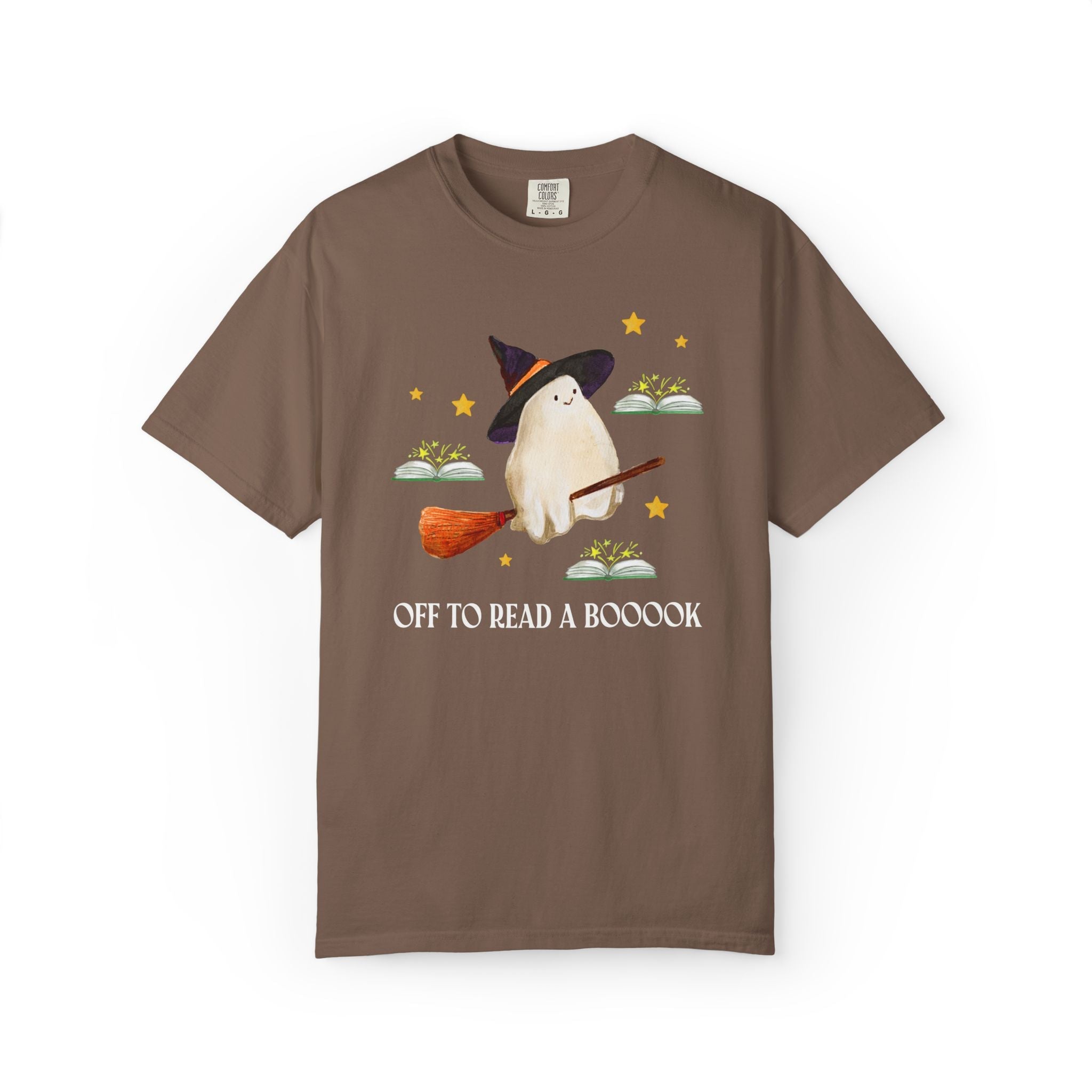 Bookish Ghost Tee Shirt for Halloween: Off To Read a Boooook, Silly Book Lover T-Shirt for Spooky Season, School Librarian, Reading Teacher - Opal and June
