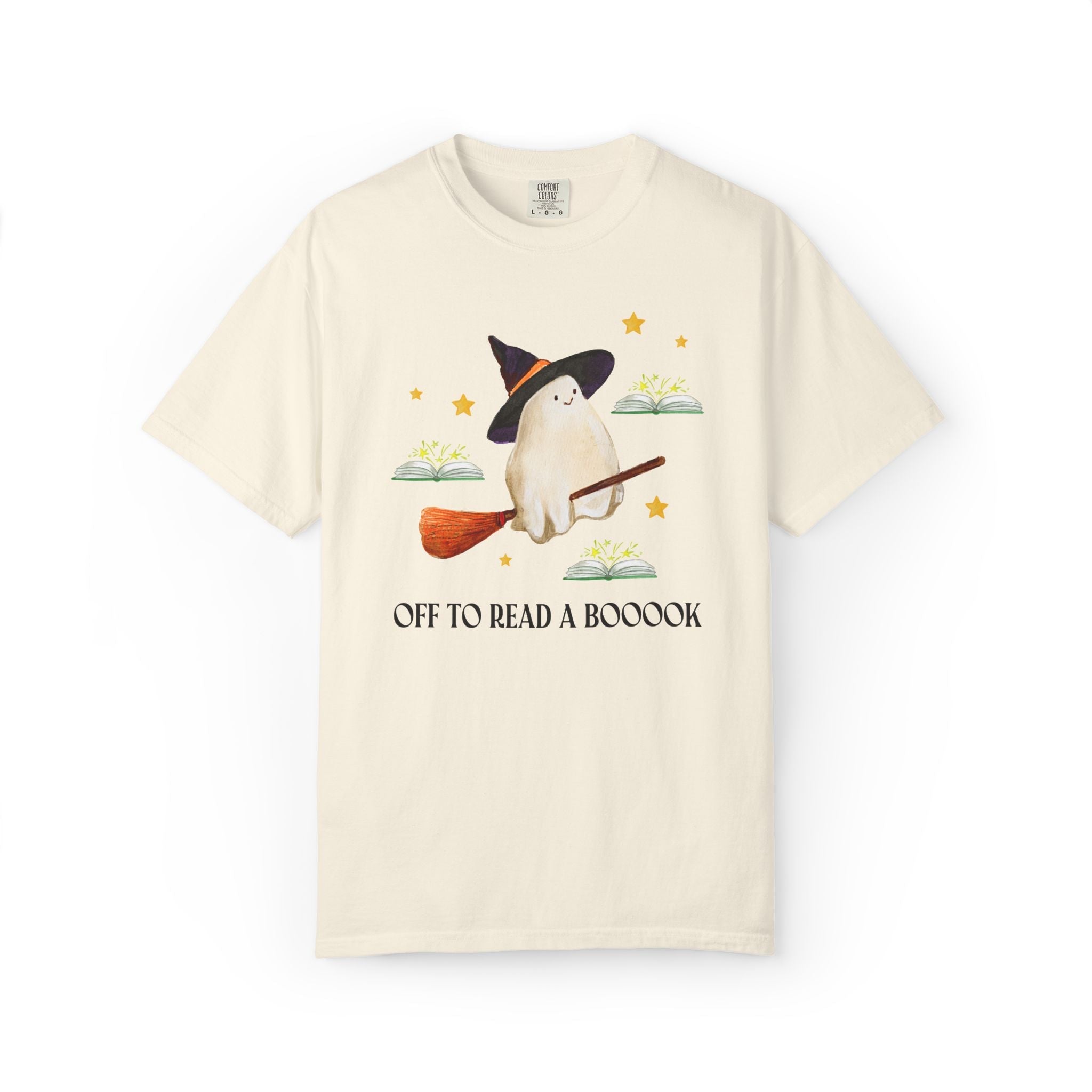 Bookish Ghost Tee Shirt for Halloween: Off To Read a Boooook, Silly Book Lover T-Shirt for Spooky Season, School Librarian, Reading Teacher - Opal and June