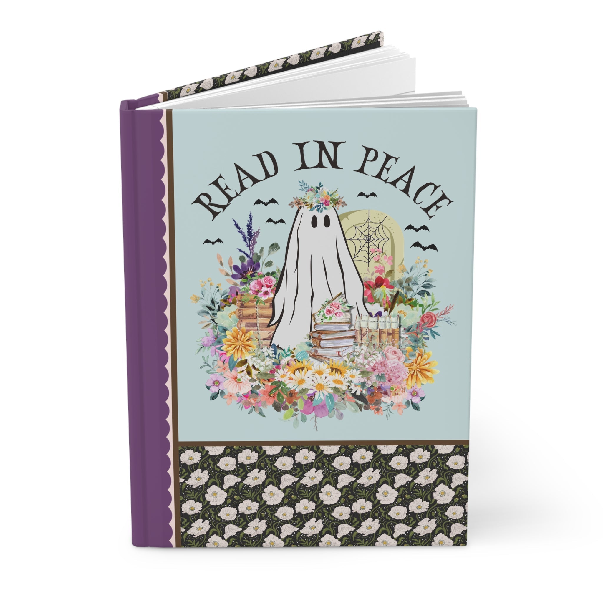 Bookish Halloween Teacher Notebook with Cute Floral Ghost Holding Books, Silly Dreamcore Book Lover Gift for Spooky Season, 90s Throwback - Opal and June
