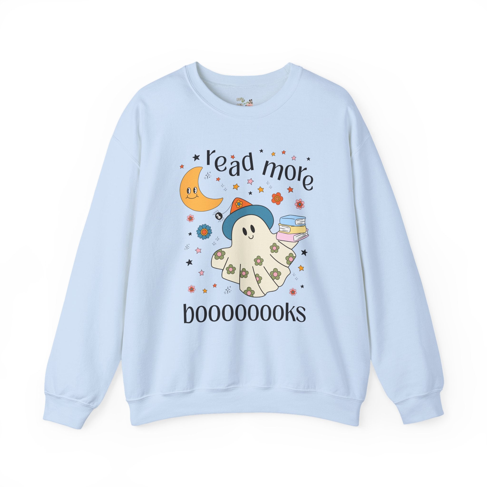 Bookish Halloween Teacher Sweatshirt with Cute Floral Ghost Holding Books, Silly Dreamcore Book Lover Crewneck, Spooky Season, 90s Throwback - Opal and June