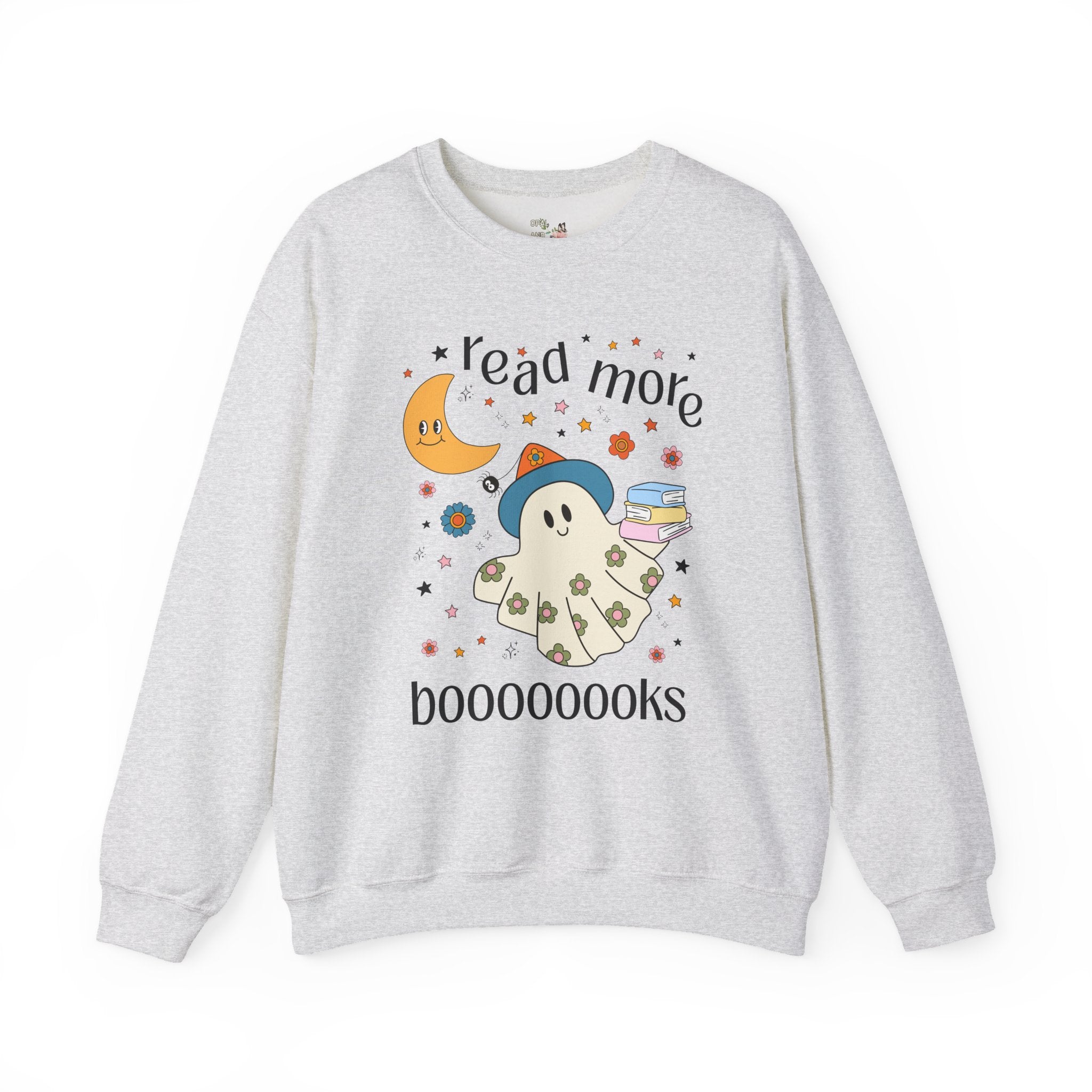 Bookish Halloween Teacher Sweatshirt with Cute Floral Ghost Holding Books, Silly Dreamcore Book Lover Crewneck, Spooky Season, 90s Throwback - Opal and June
