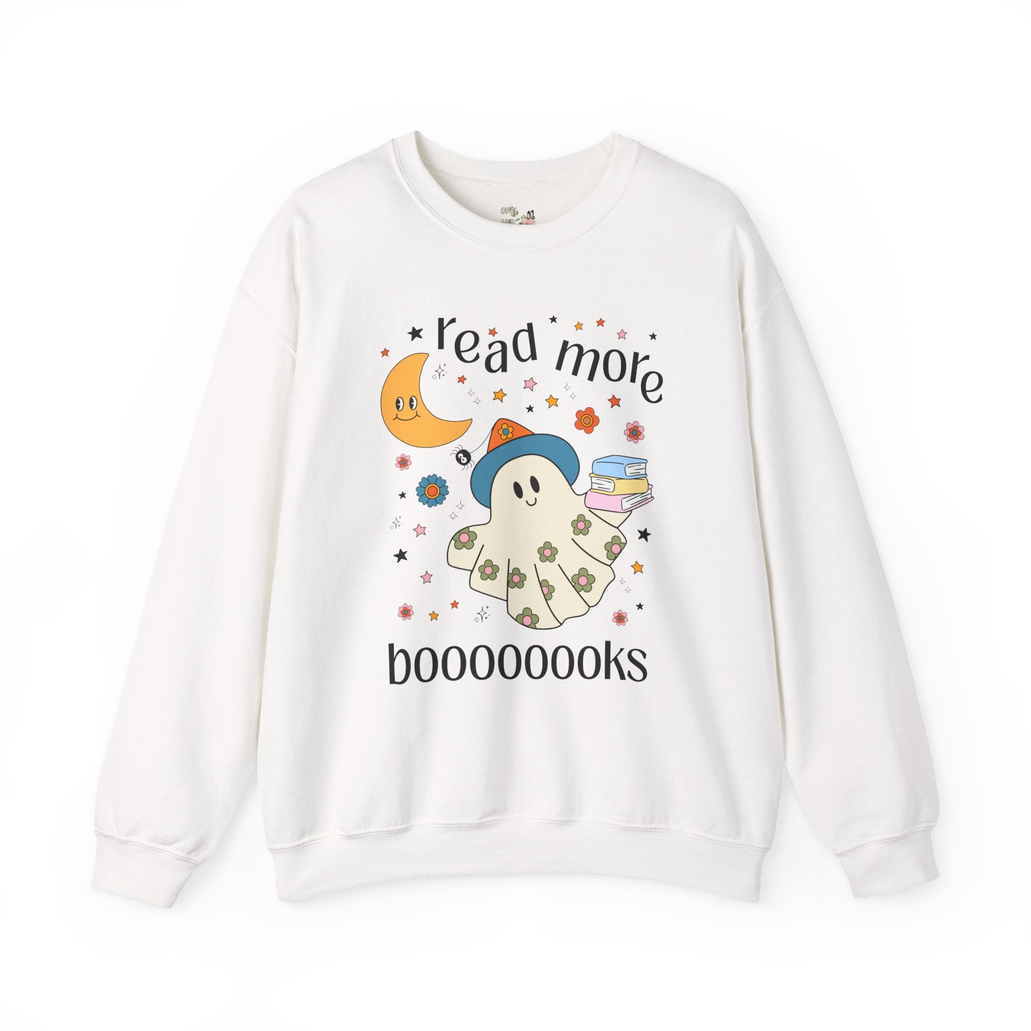 Bookish Halloween Teacher Sweatshirt with Cute Floral Ghost Holding Books, Silly Dreamcore Book Lover Crewneck, Spooky Season, 90s Throwback - Opal and June