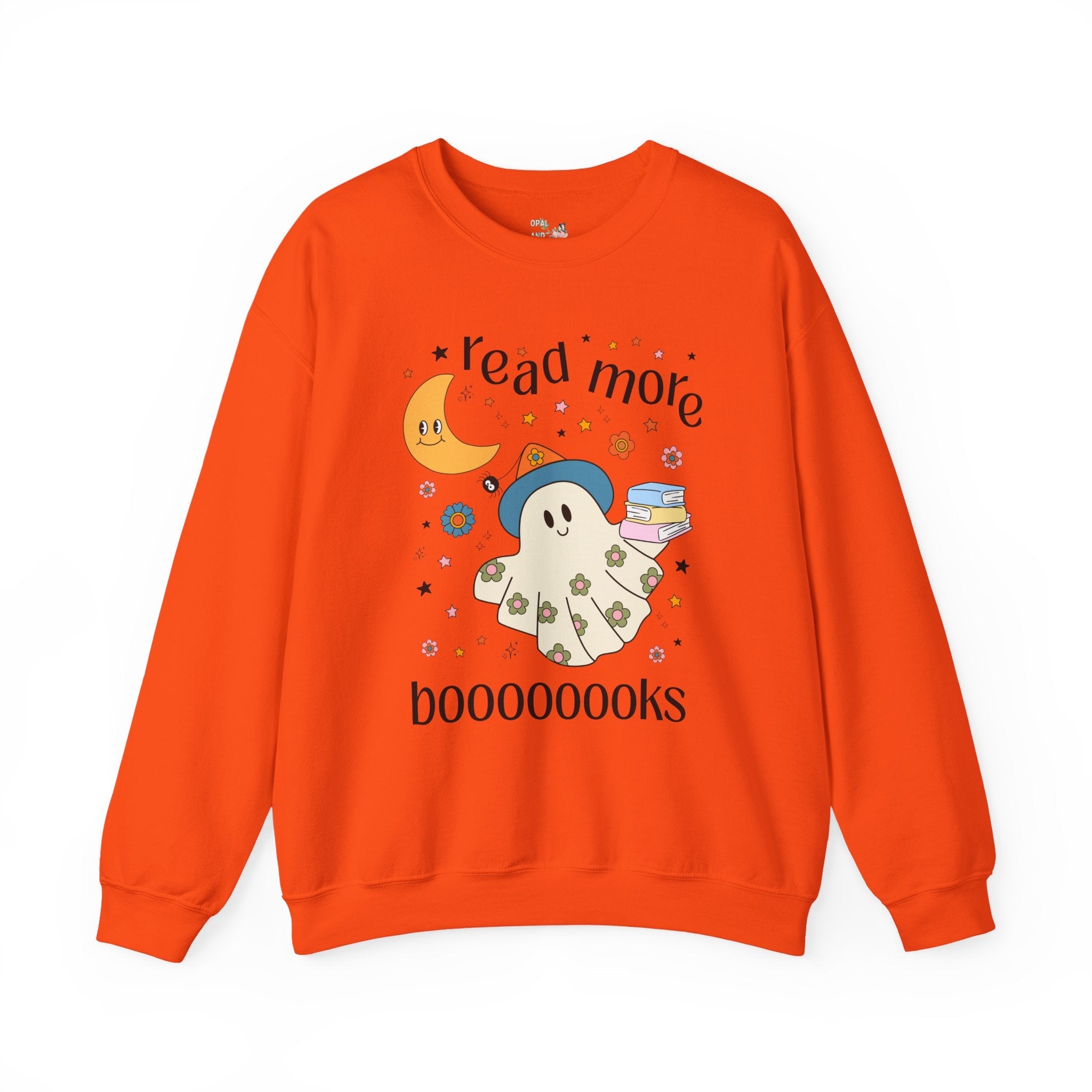 Bookish Halloween Teacher Sweatshirt with Cute Floral Ghost Holding Books, Silly Dreamcore Book Lover Crewneck, Spooky Season, 90s Throwback - Opal and June