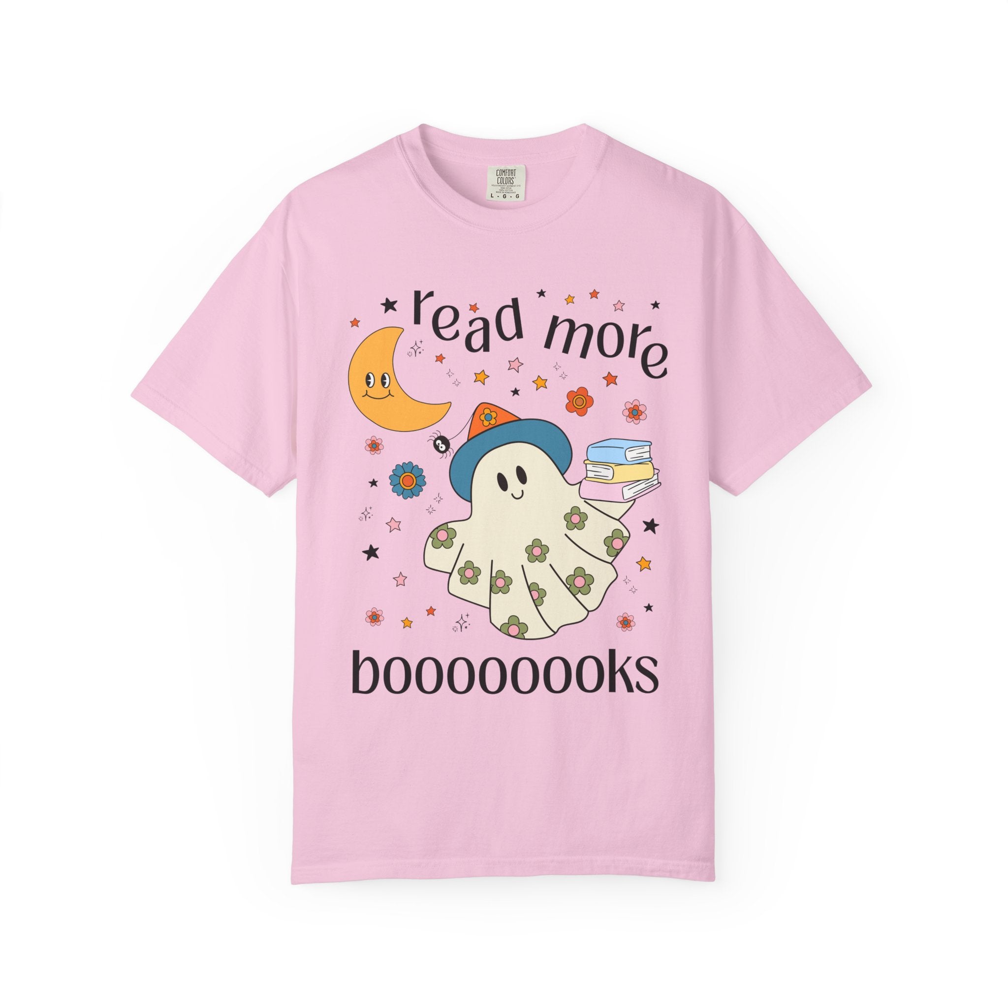 Bookish Halloween Teacher Tee Shirt with Cute Floral Ghost Holding Books, Silly Dreamcore Book Lover Tee for Spooky Season, 90s Throwback - Opal and June