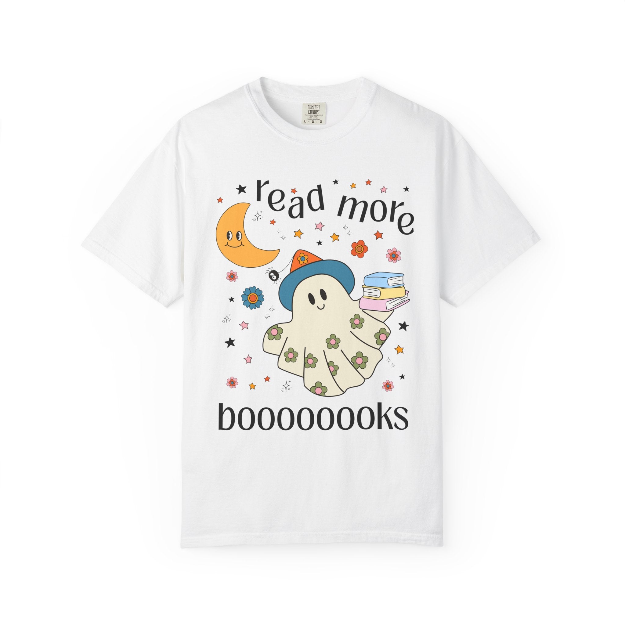 Bookish Halloween Teacher Tee Shirt with Cute Floral Ghost Holding Books, Silly Dreamcore Book Lover Tee for Spooky Season, 90s Throwback - Opal and June