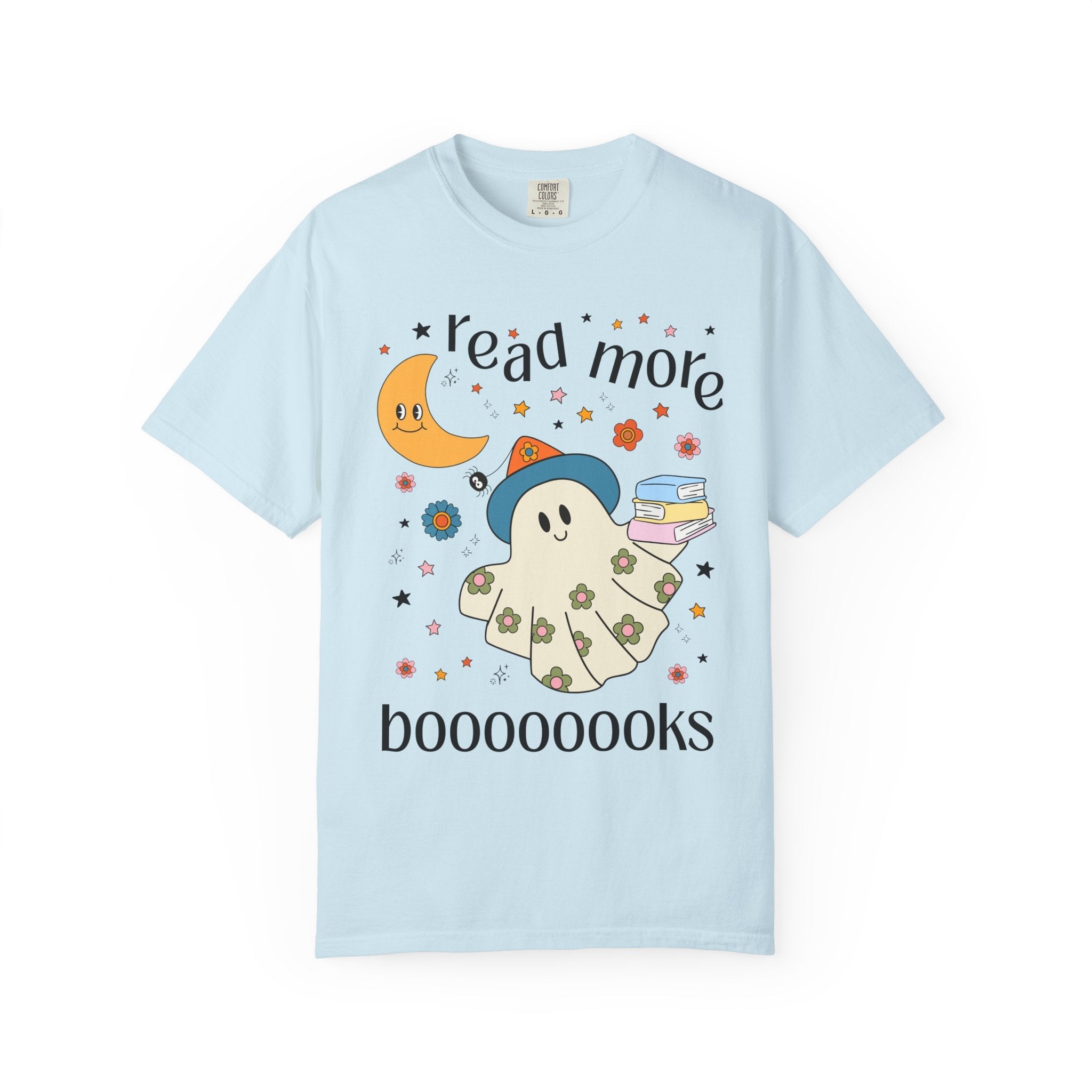 Bookish Halloween Teacher Tee Shirt with Cute Floral Ghost Holding Books, Silly Dreamcore Book Lover Tee for Spooky Season, 90s Throwback - Opal and June