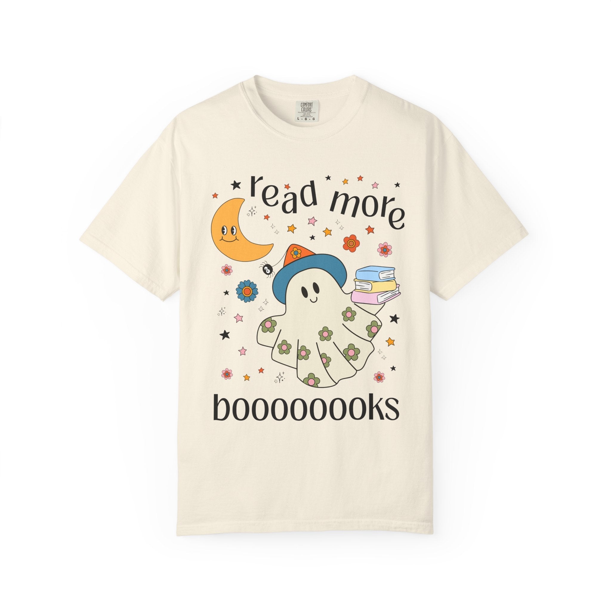 Bookish Halloween Teacher Tee Shirt with Cute Floral Ghost Holding Books, Silly Dreamcore Book Lover Tee for Spooky Season, 90s Throwback - Opal and June