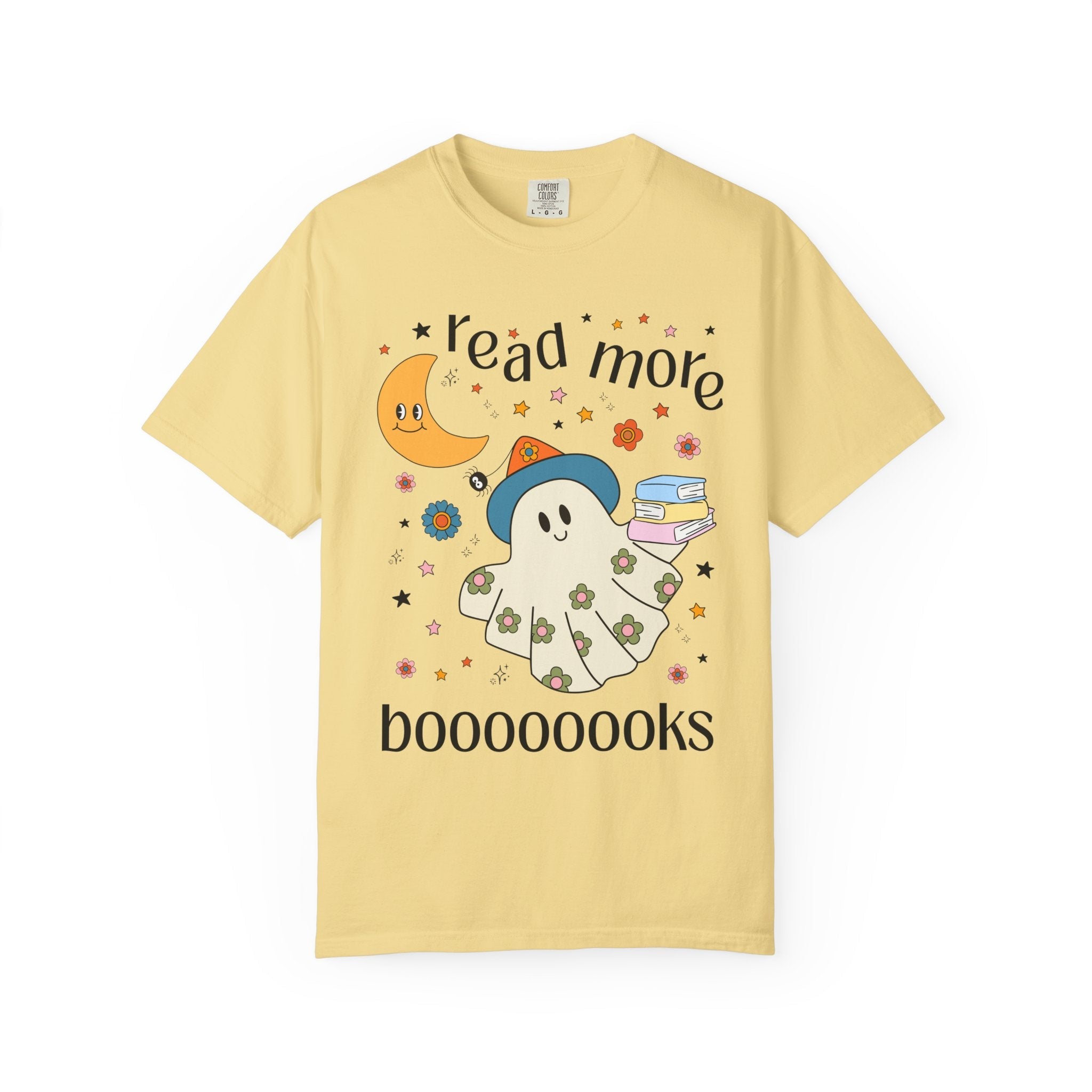 Bookish Halloween Teacher Tee Shirt with Cute Floral Ghost Holding Books, Silly Dreamcore Book Lover Tee for Spooky Season, 90s Throwback - Opal and June