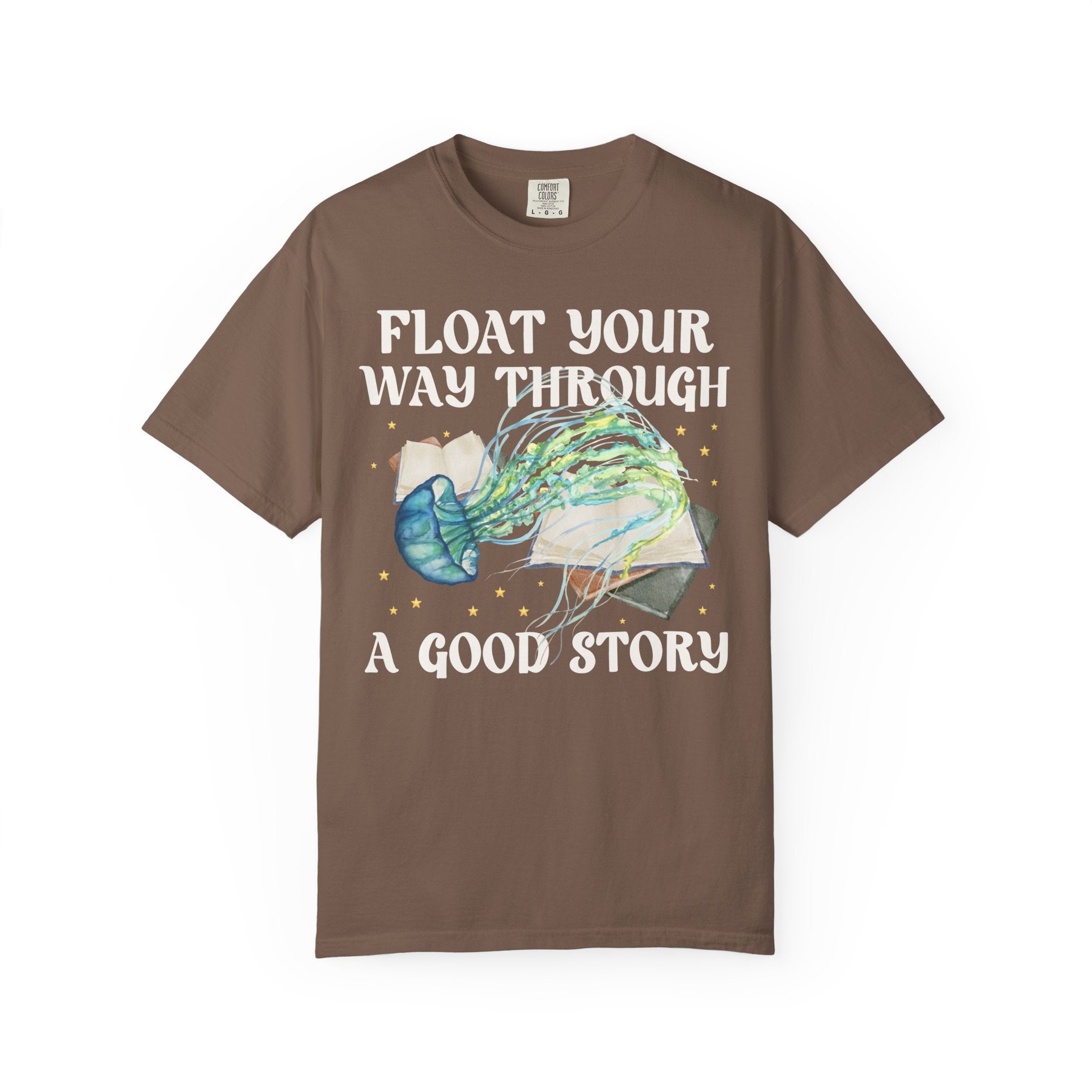 Bookish Ocean Animal Lover Tee Shirt with Cute Jellyfish: Float Your Way Through a Good Story, Funny Book Lover Gift Idea, School Librarian - Opal and June