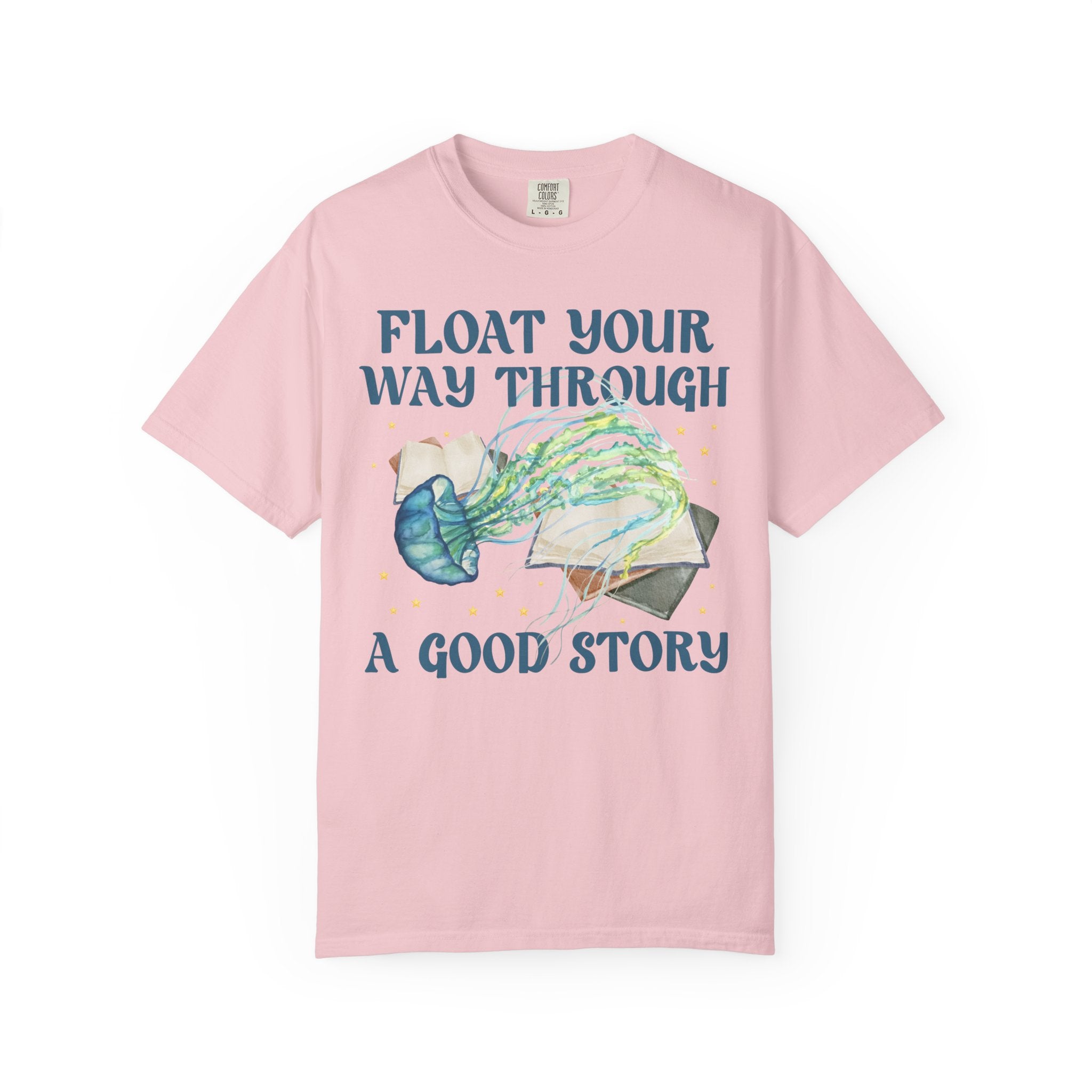 Bookish Ocean Animal Lover Tee Shirt with Cute Jellyfish: Float Your Way Through a Good Story, Funny Book Lover Gift Idea, School Librarian - Opal and June