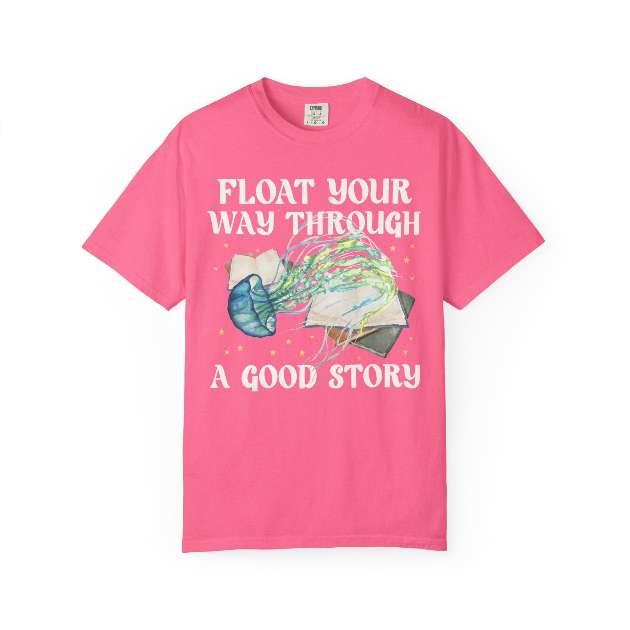 Bookish Ocean Animal Lover Tee Shirt with Cute Jellyfish: Float Your Way Through a Good Story, Funny Book Lover Gift Idea, School Librarian - Opal and June
