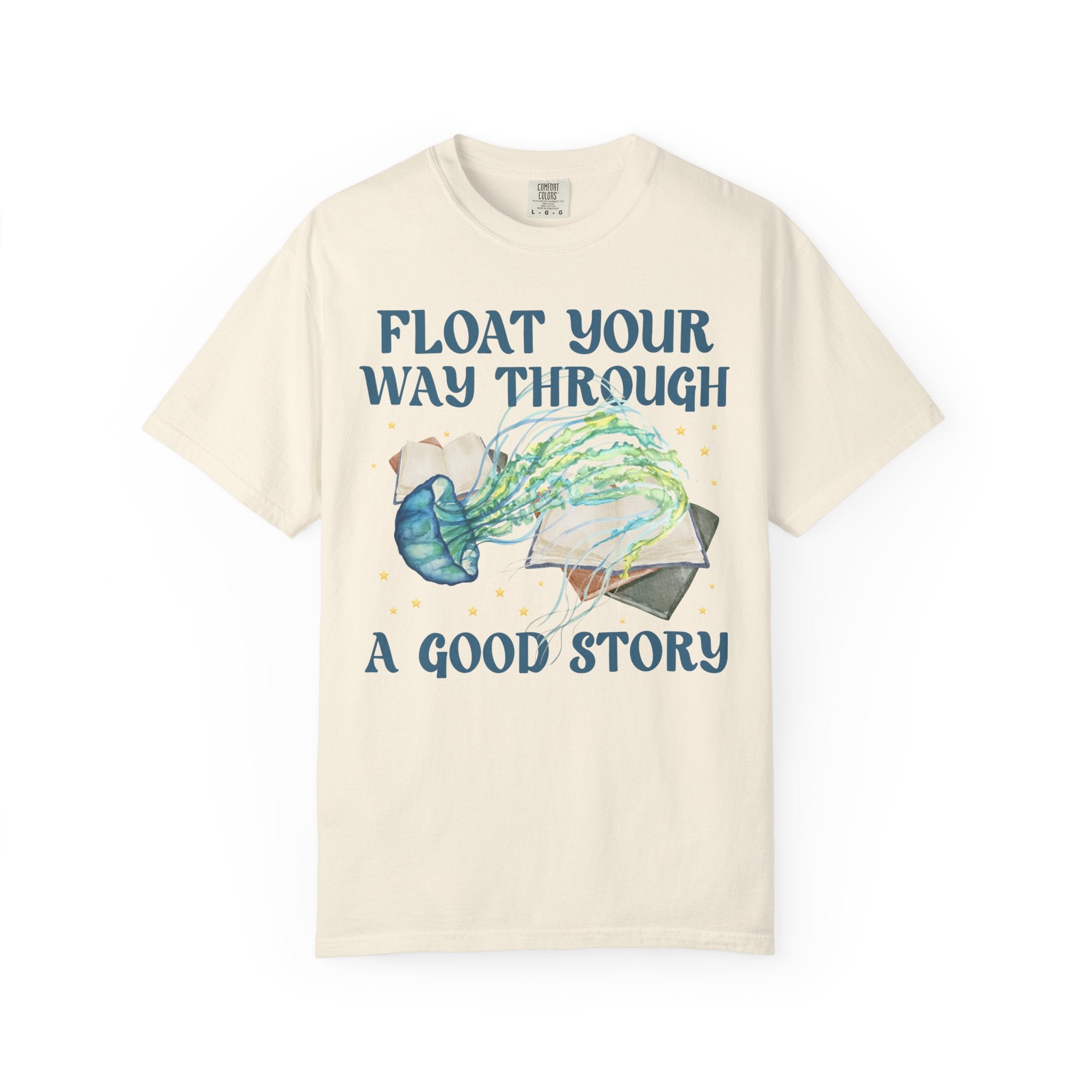 Bookish Ocean Animal Lover Tee Shirt with Cute Jellyfish: Float Your Way Through a Good Story, Funny Book Lover Gift Idea, School Librarian - Opal and June