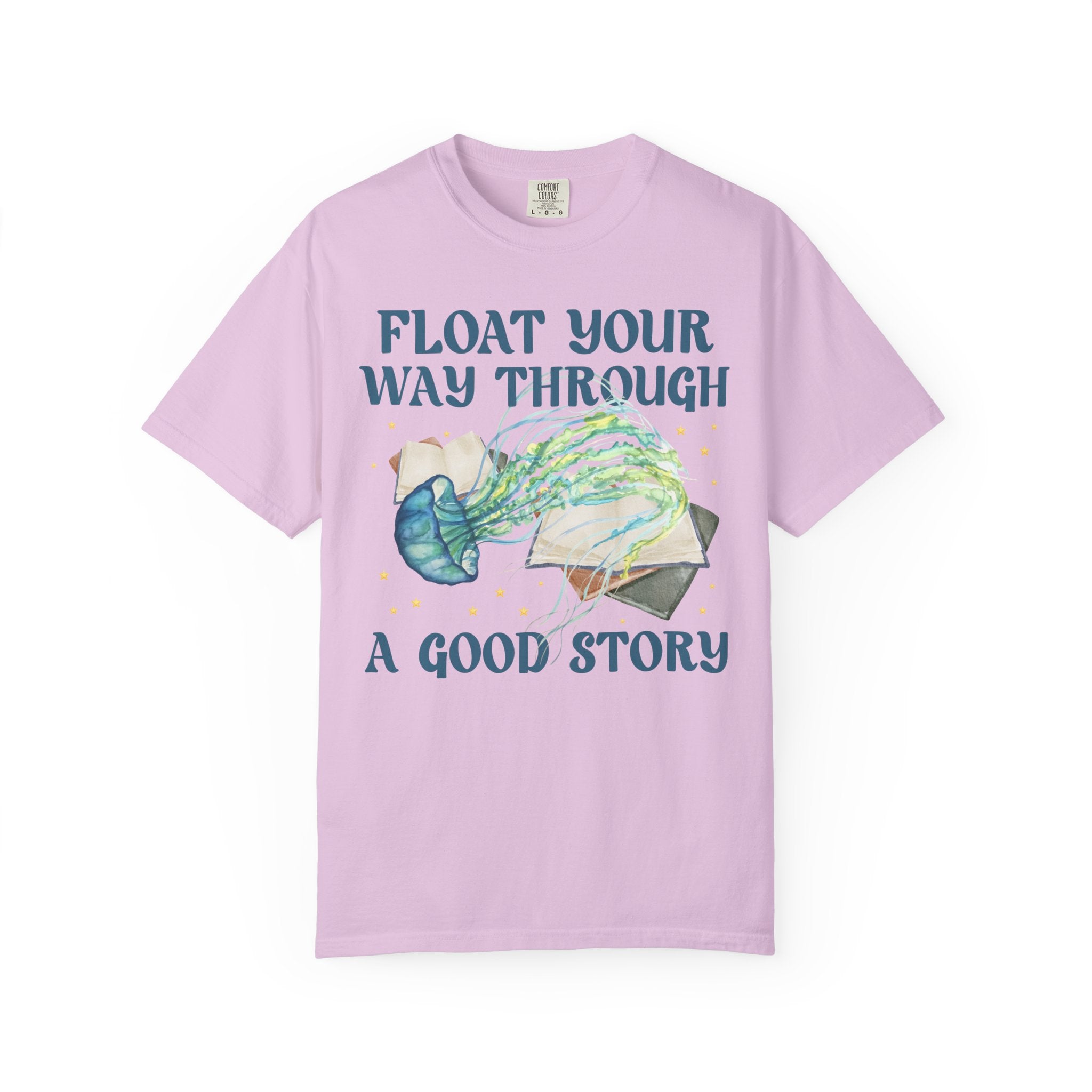 Bookish Ocean Animal Lover Tee Shirt with Cute Jellyfish: Float Your Way Through a Good Story, Funny Book Lover Gift Idea, School Librarian - Opal and June