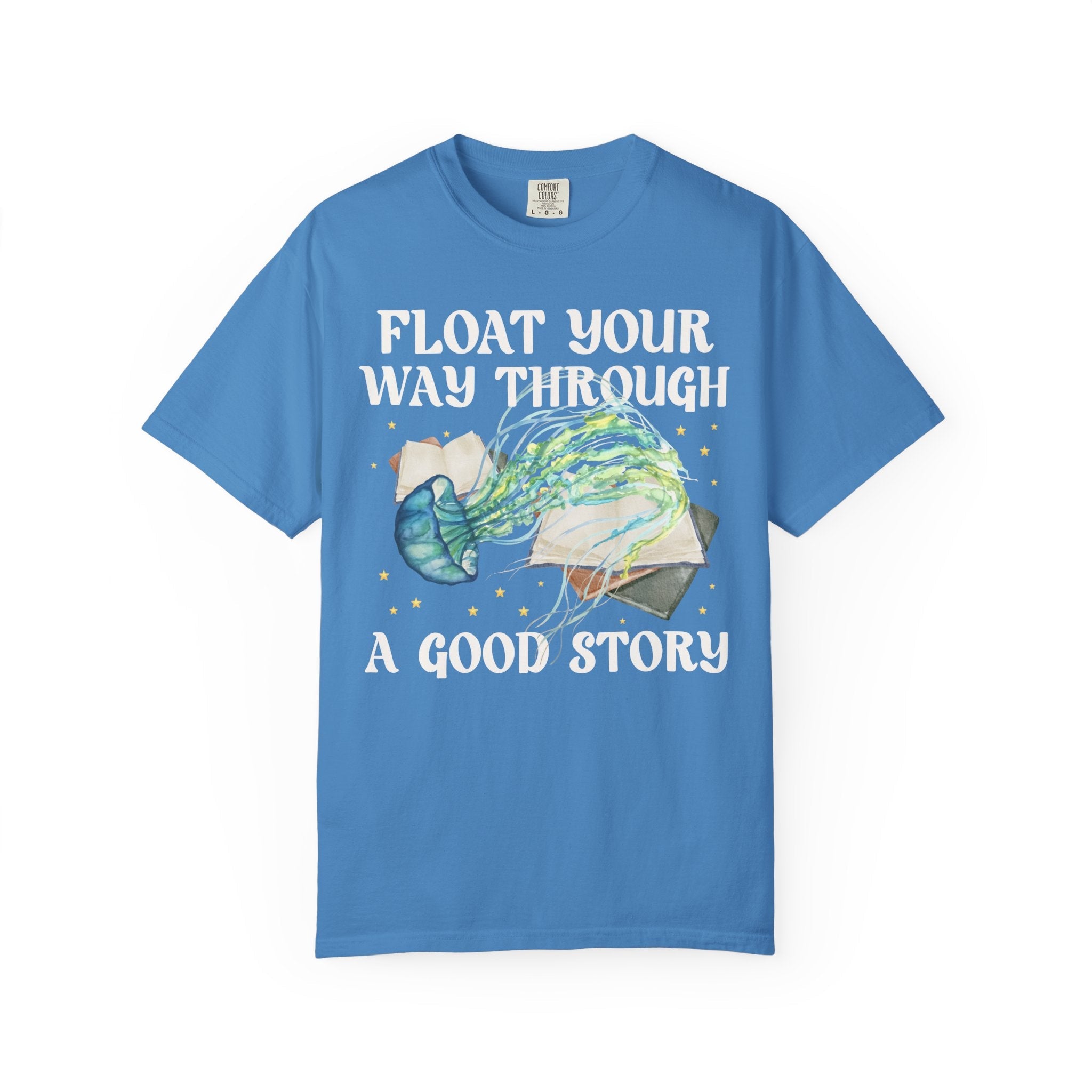 Bookish Ocean Animal Lover Tee Shirt with Cute Jellyfish: Float Your Way Through a Good Story, Funny Book Lover Gift Idea, School Librarian - Opal and June