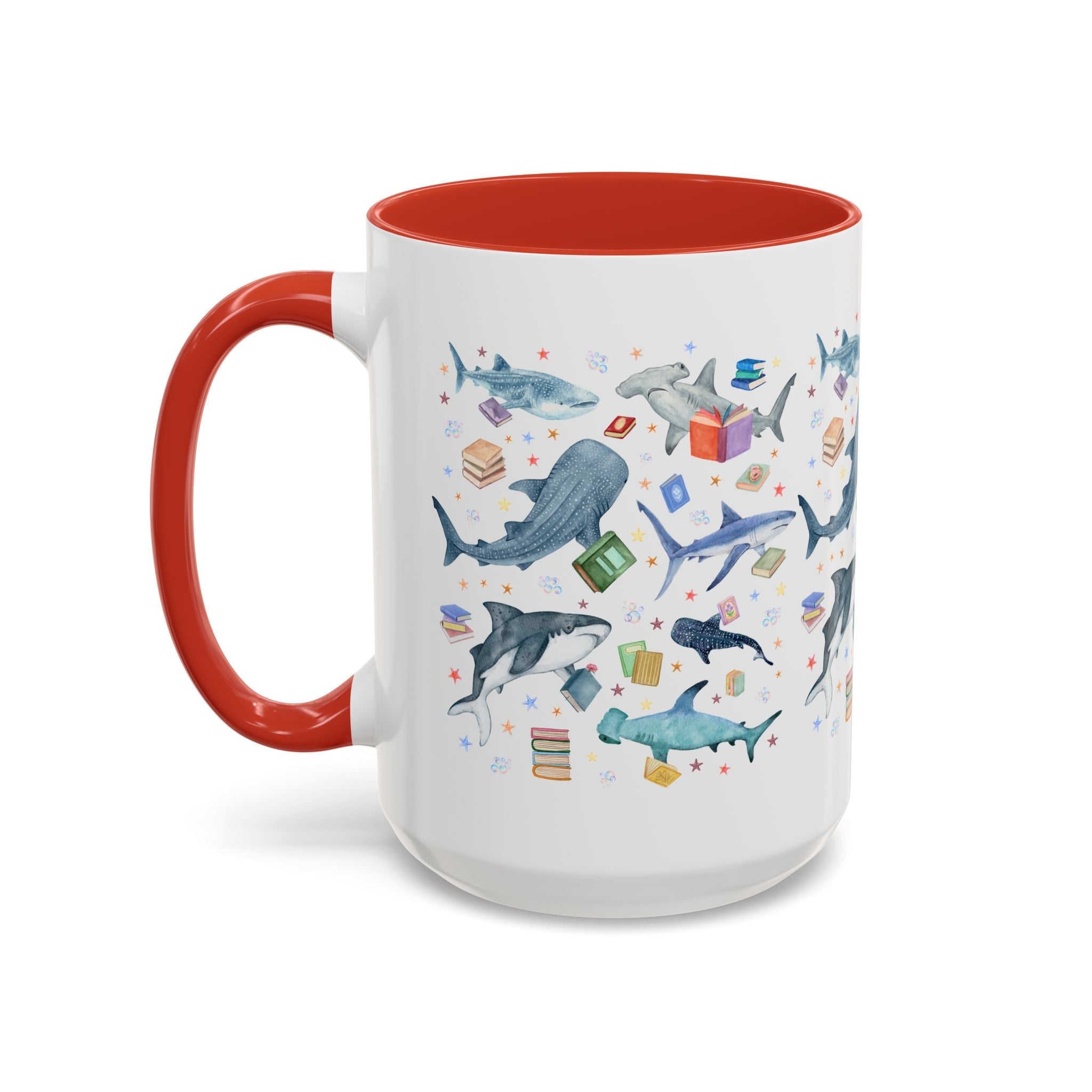 Bookish Shark Coffee Mug for School Librarian or Reading Teacher: Silly Ocean Animal Lover Mug with Stars and Bubbles, Reading Month Gift - Opal and June