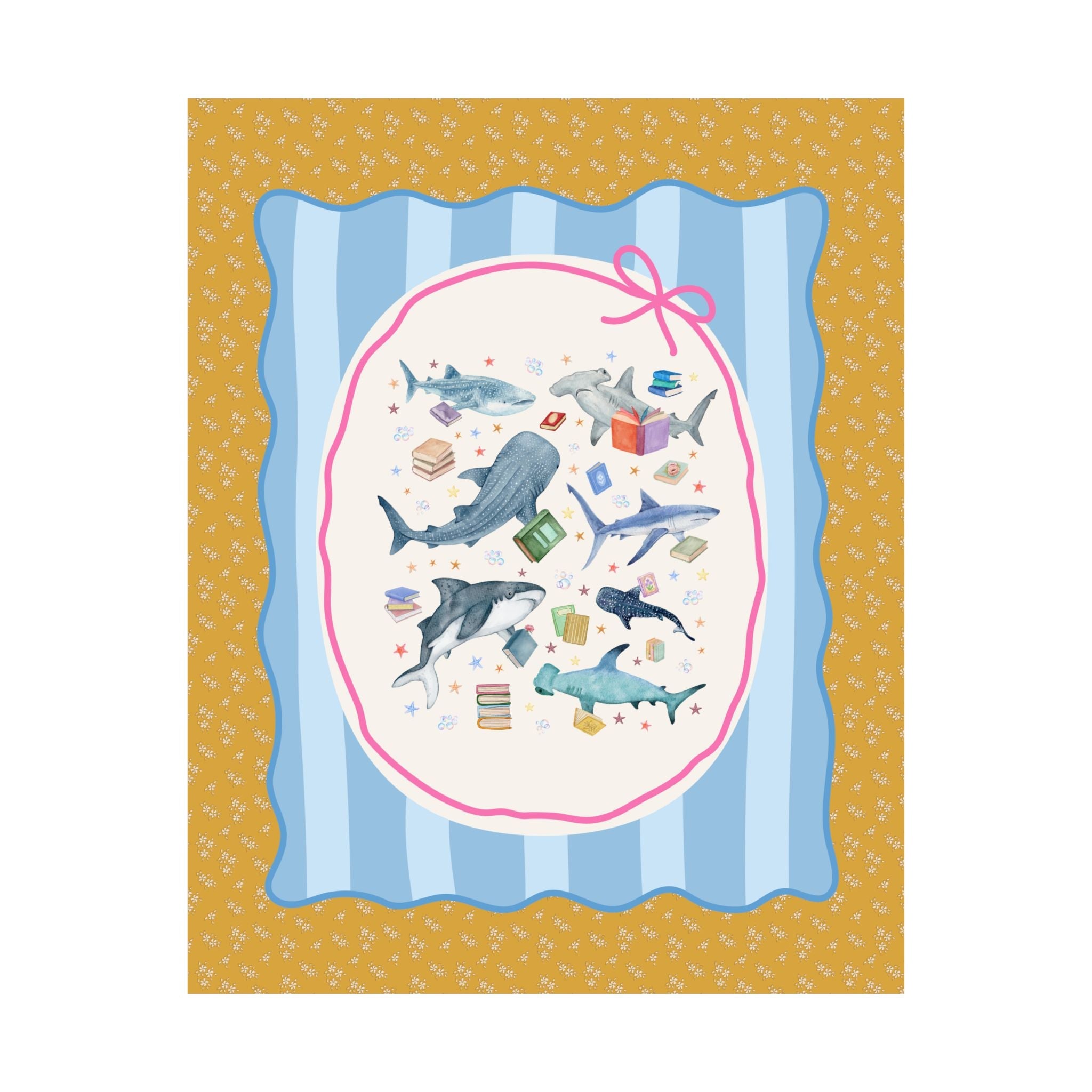 Bookish Shark Poster Print for School Librarian or Reading Teacher: Silly Ocean Animal Lover Decor with Star and Bubbles, Reading Month Gift - Opal and June