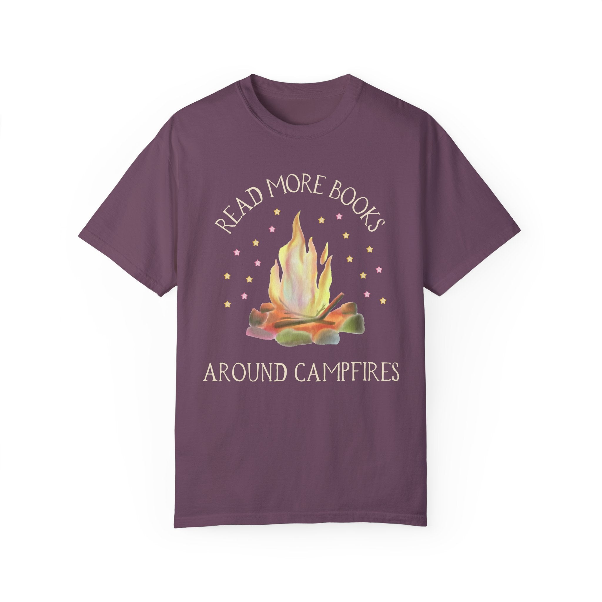 Bookish Tee Shirt for Campers Who Love to Read: Read More Books Around Campfires | Cute and Colorful T-Shirt with Stars, Boho Style - Opal and June