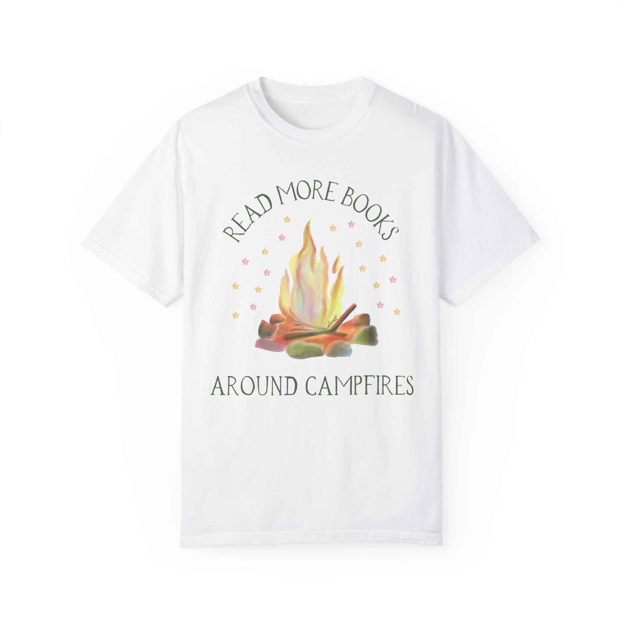 Bookish Tee Shirt for Campers Who Love to Read: Read More Books Around Campfires | Cute and Colorful T-Shirt with Stars, Boho Style - Opal and June