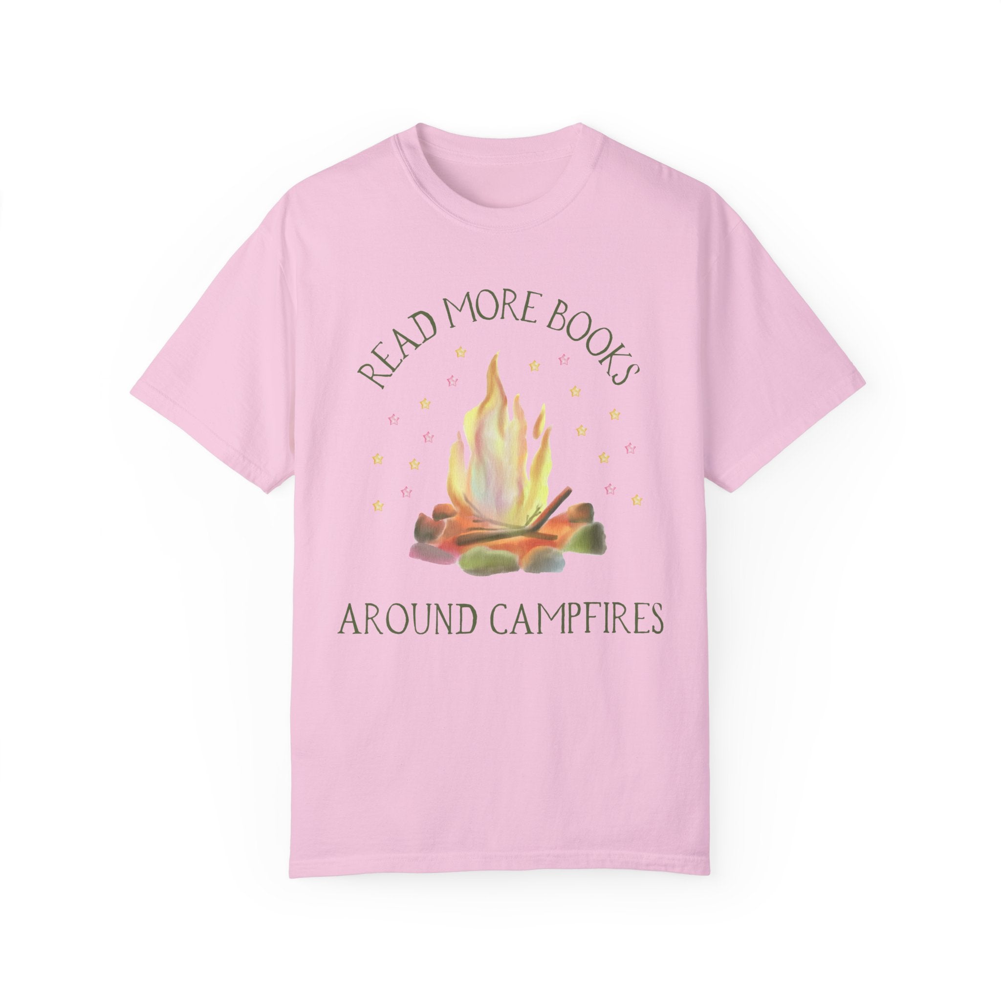 Bookish Tee Shirt for Campers Who Love to Read: Read More Books Around Campfires | Cute and Colorful T-Shirt with Stars, Boho Style - Opal and June