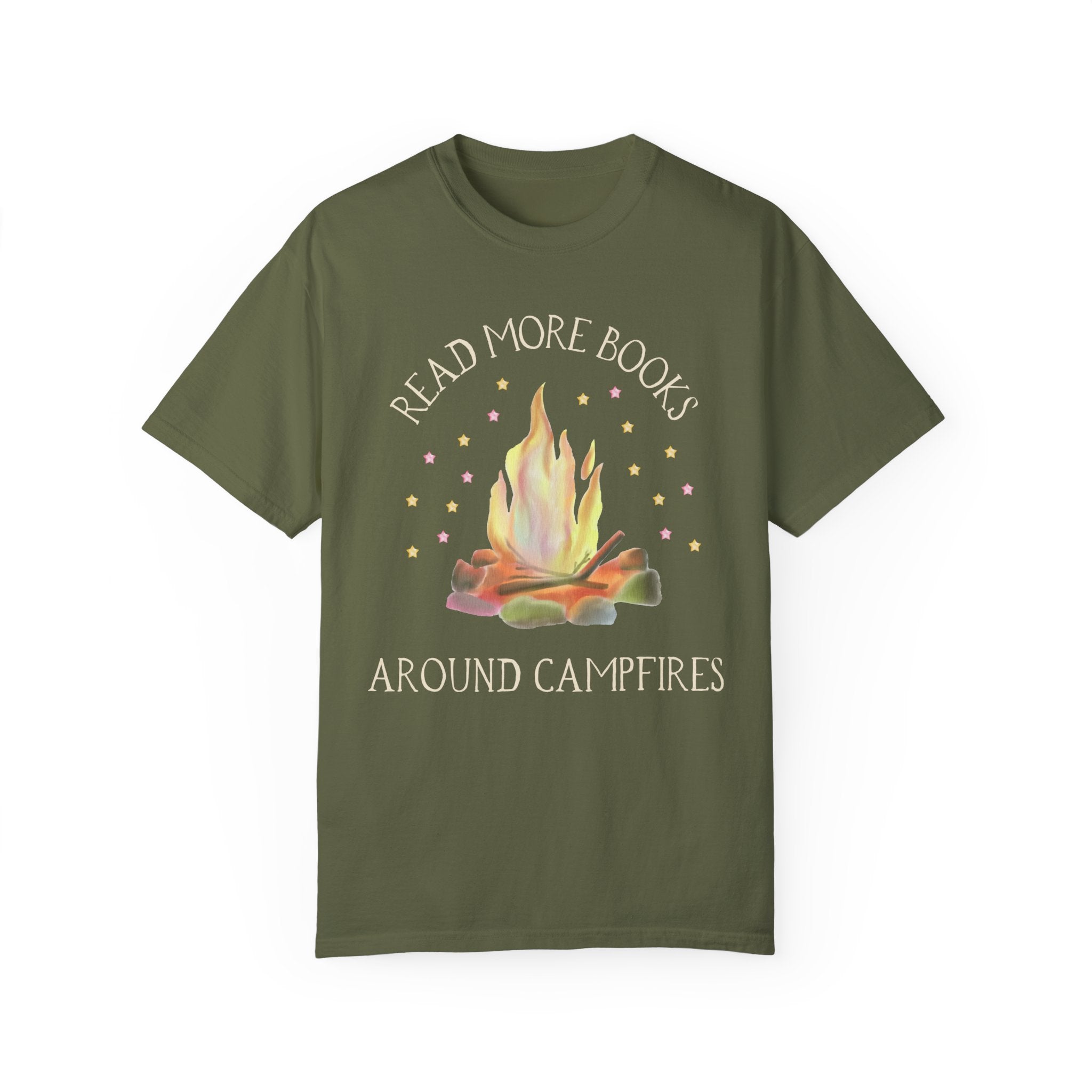 Bookish Tee Shirt for Campers Who Love to Read: Read More Books Around Campfires | Cute and Colorful T-Shirt with Stars, Boho Style - Opal and June