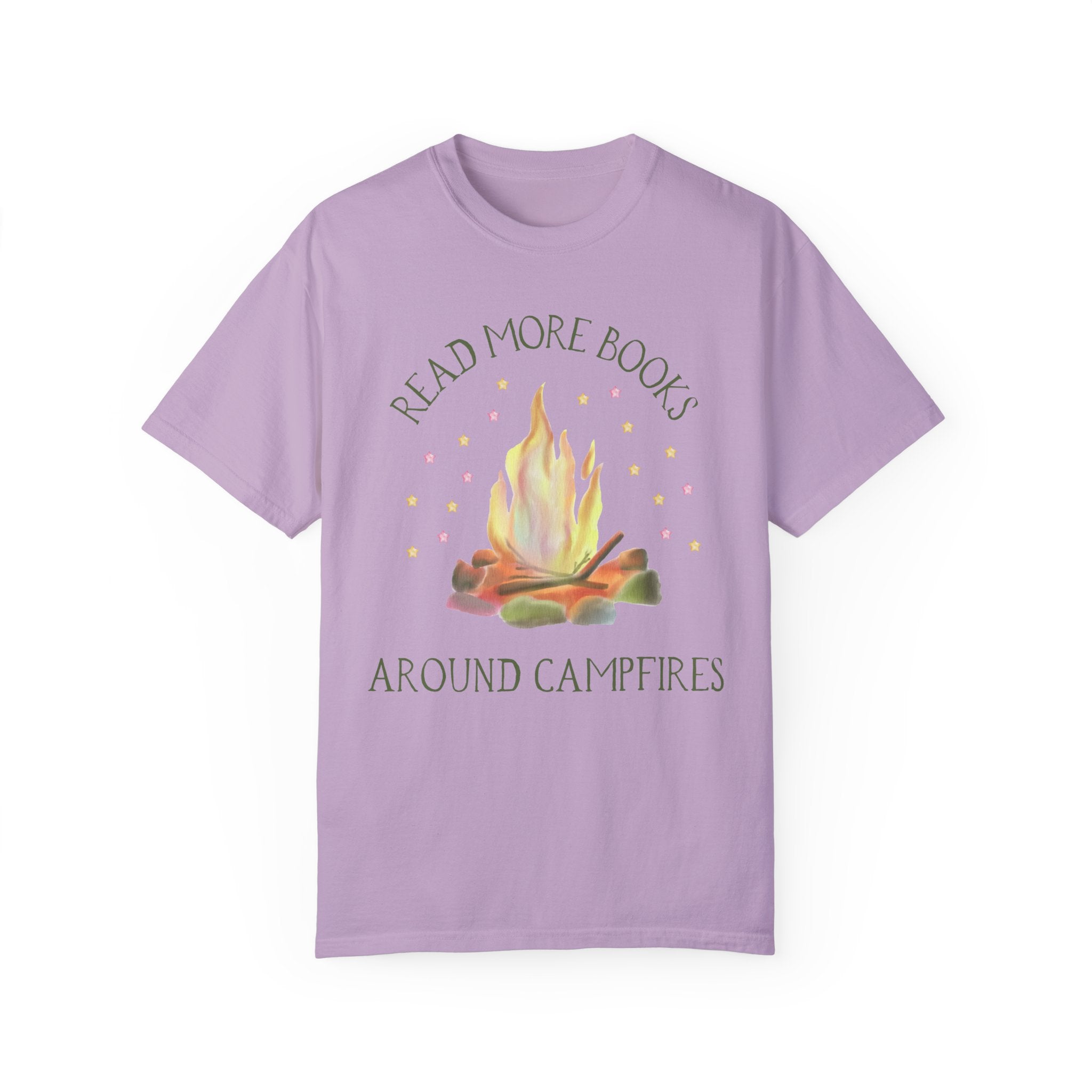 Bookish Tee Shirt for Campers Who Love to Read: Read More Books Around Campfires | Cute and Colorful T-Shirt with Stars, Boho Style - Opal and June