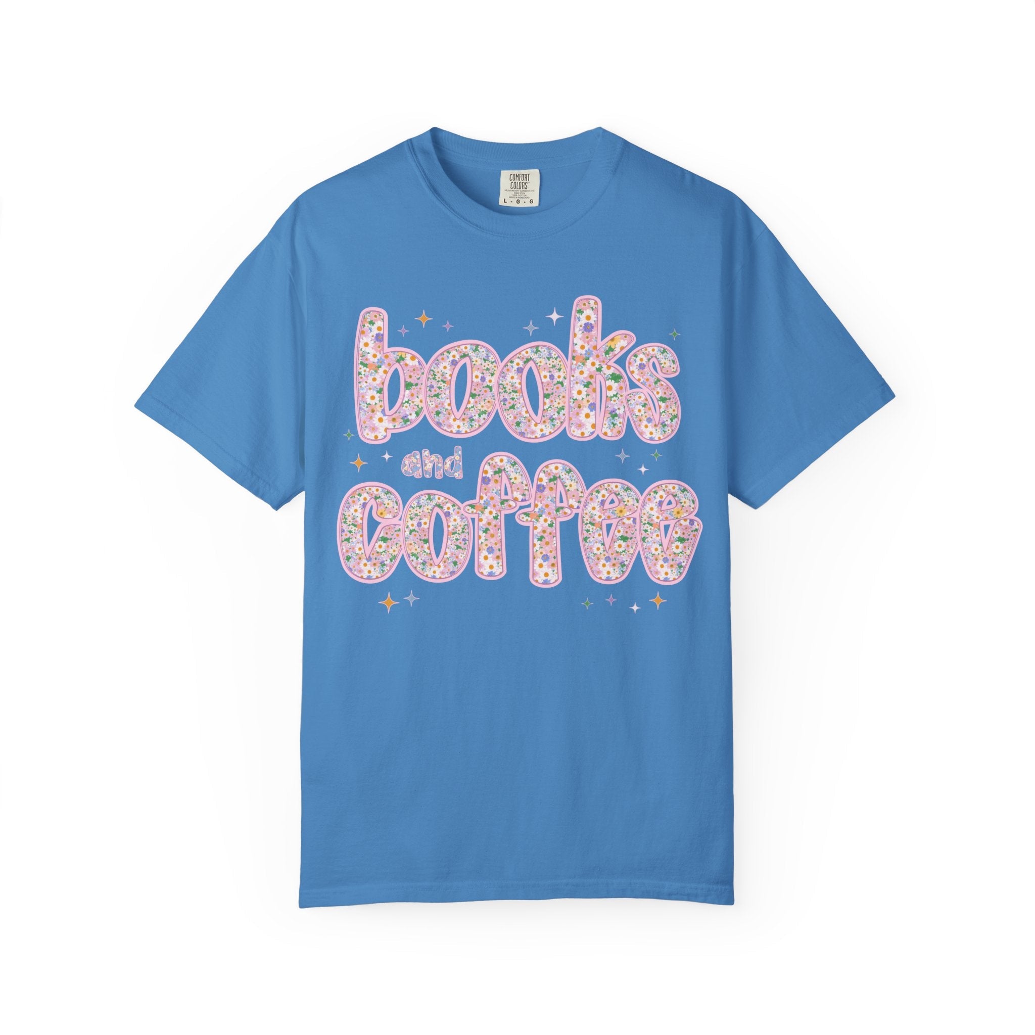 Books and Coffee Tee Shirt for Book Lover or Boho Romance Reader Who Loves Coffee, Cute Floral Dreamcore Coffee Lover T-Shirt with Stars - Opal and June