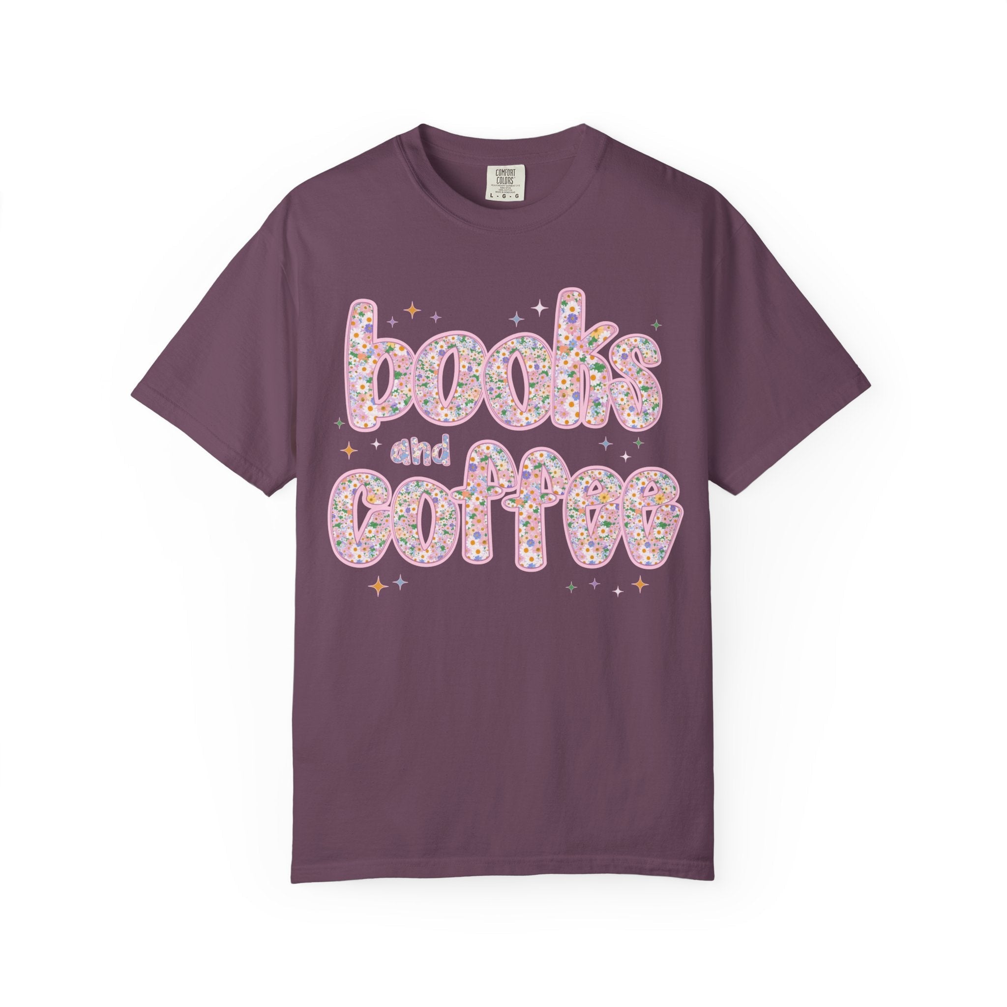 Books and Coffee Tee Shirt for Book Lover or Boho Romance Reader Who Loves Coffee, Cute Floral Dreamcore Coffee Lover T-Shirt with Stars - Opal and June