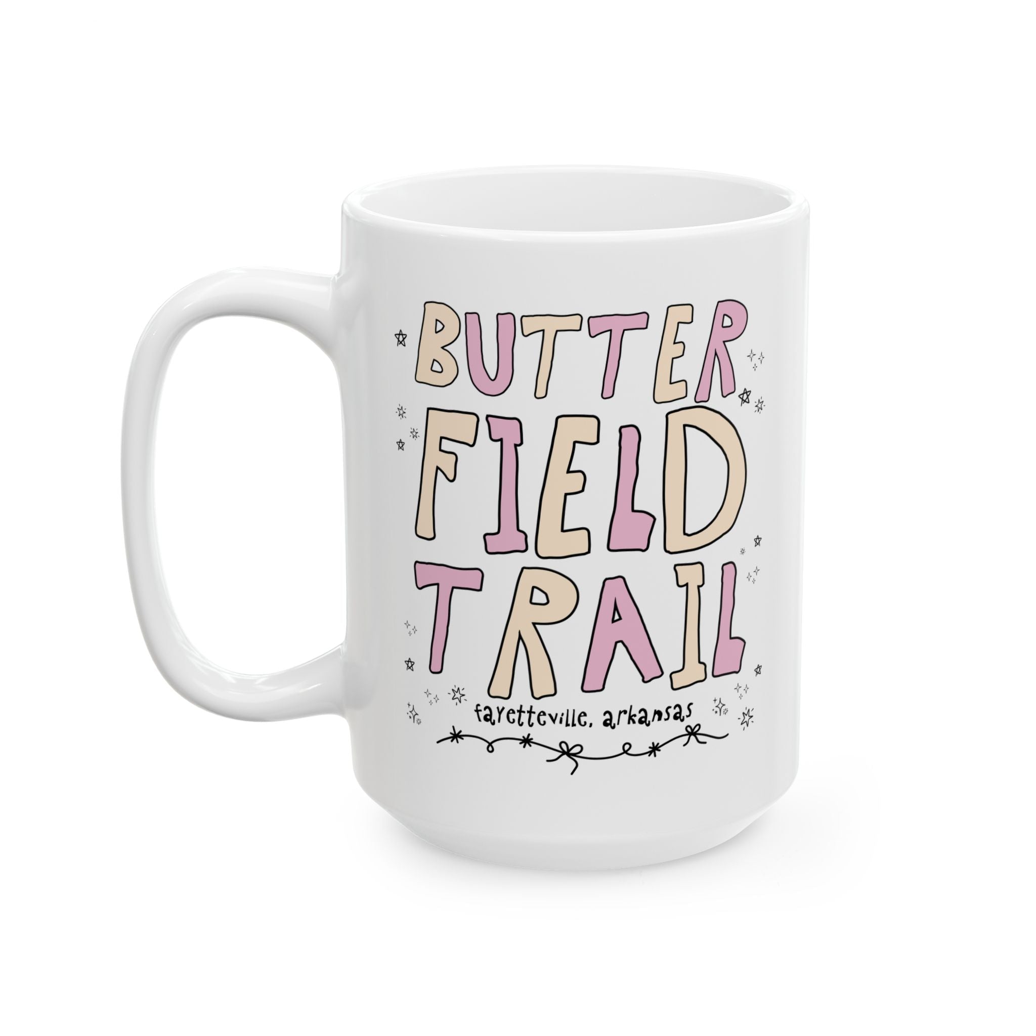 Butterfield Trail Elementary Coffee Mug: Pink and Beige Letters | FPS + Opal and June 15 Oz Mug, Fayetteville Public Schools - Opal and June
