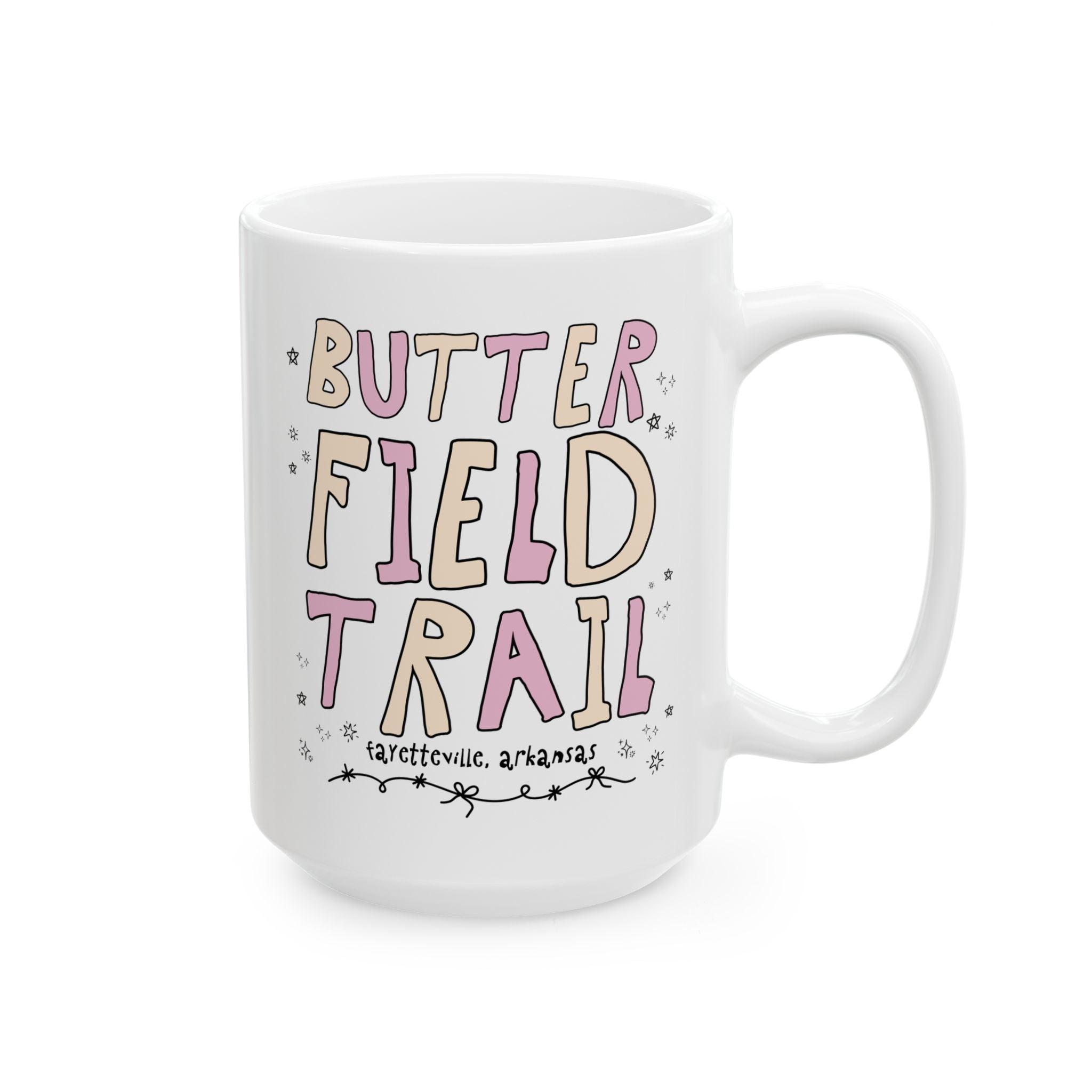 Butterfield Trail Elementary Coffee Mug: Pink and Beige Letters | FPS + Opal and June 15 Oz Mug, Fayetteville Public Schools - Opal and June