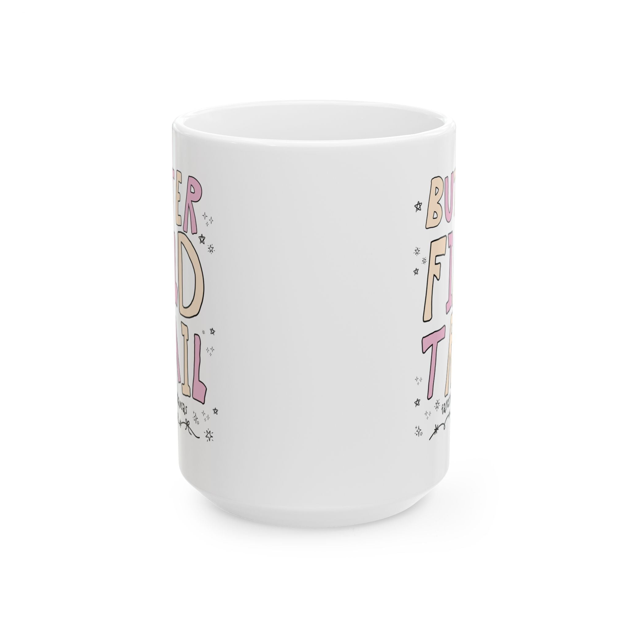 Butterfield Trail Elementary Coffee Mug: Pink and Beige Letters | FPS + Opal and June 15 Oz Mug, Fayetteville Public Schools - Opal and June