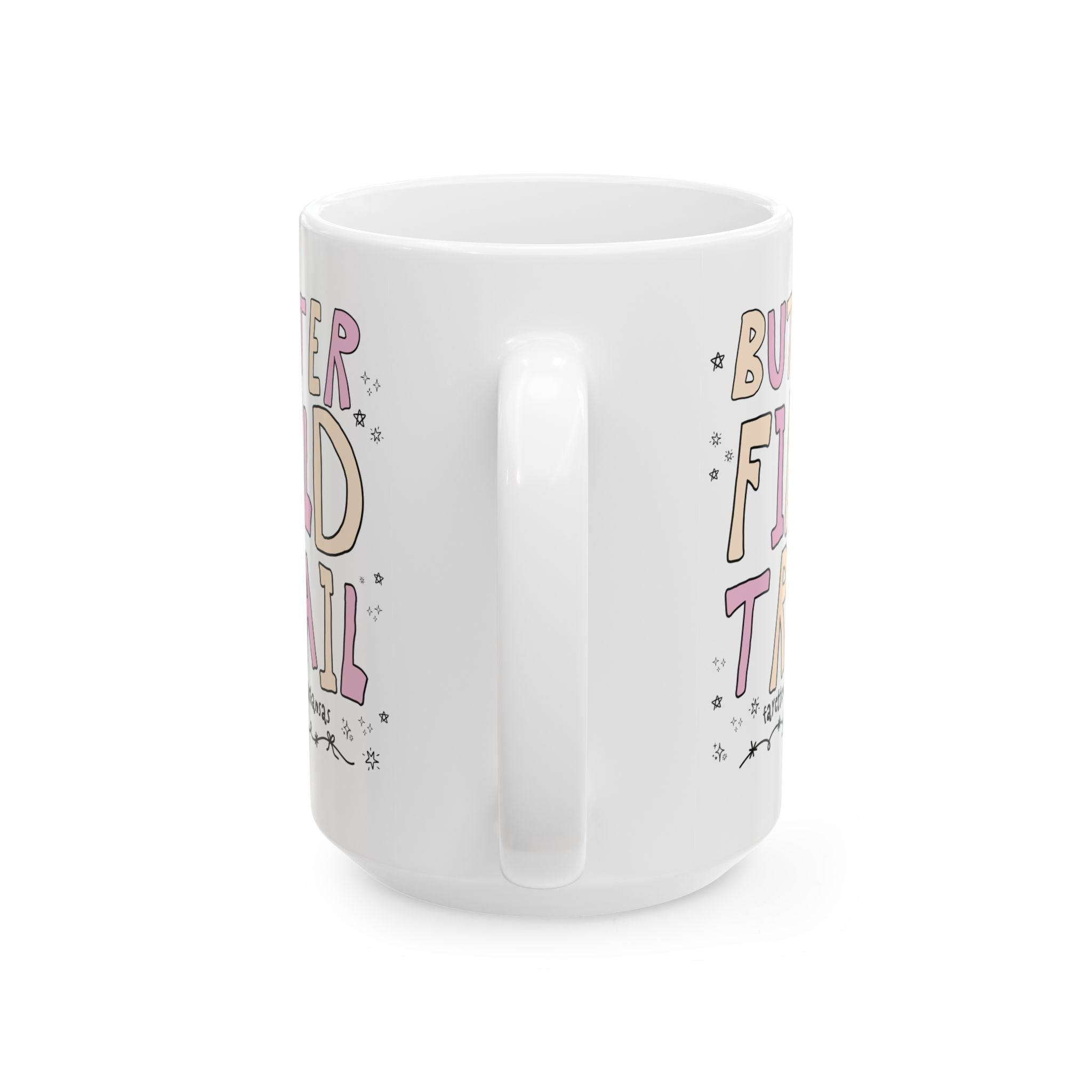 Butterfield Trail Elementary Coffee Mug: Pink and Beige Letters | FPS + Opal and June 15 Oz Mug, Fayetteville Public Schools - Opal and June