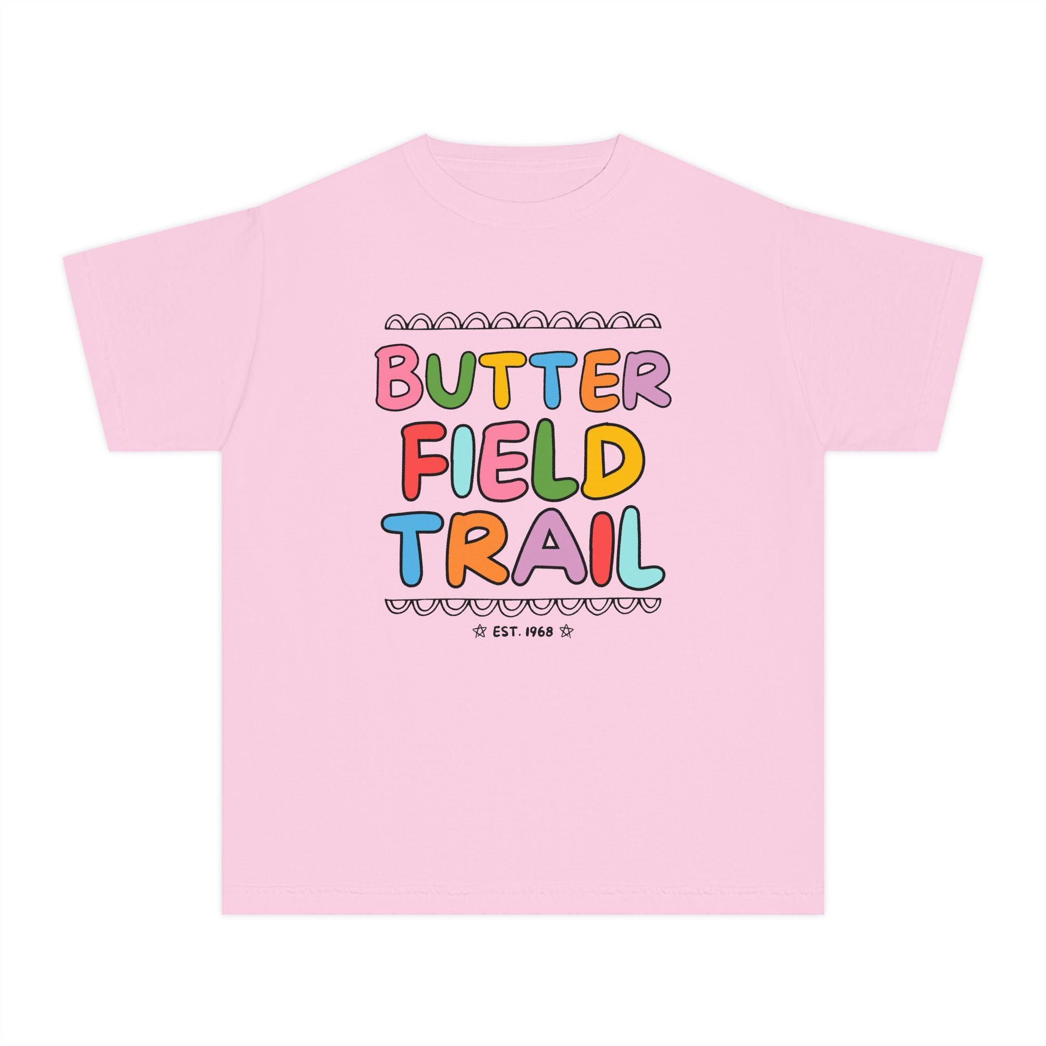 Butterfield Trail Elementary Kids Tee Shirt: Rainbow Letters - Opal and June