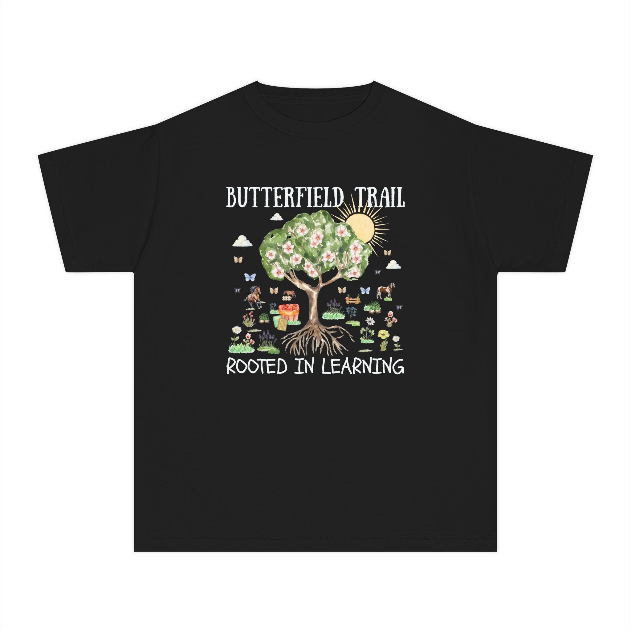 Butterfield Trail Elementary Kids Tee Shirt: Rooted in Learning | FPS + Opal and June Tee Shirt, Fayetteville Public Schools - Opal and June