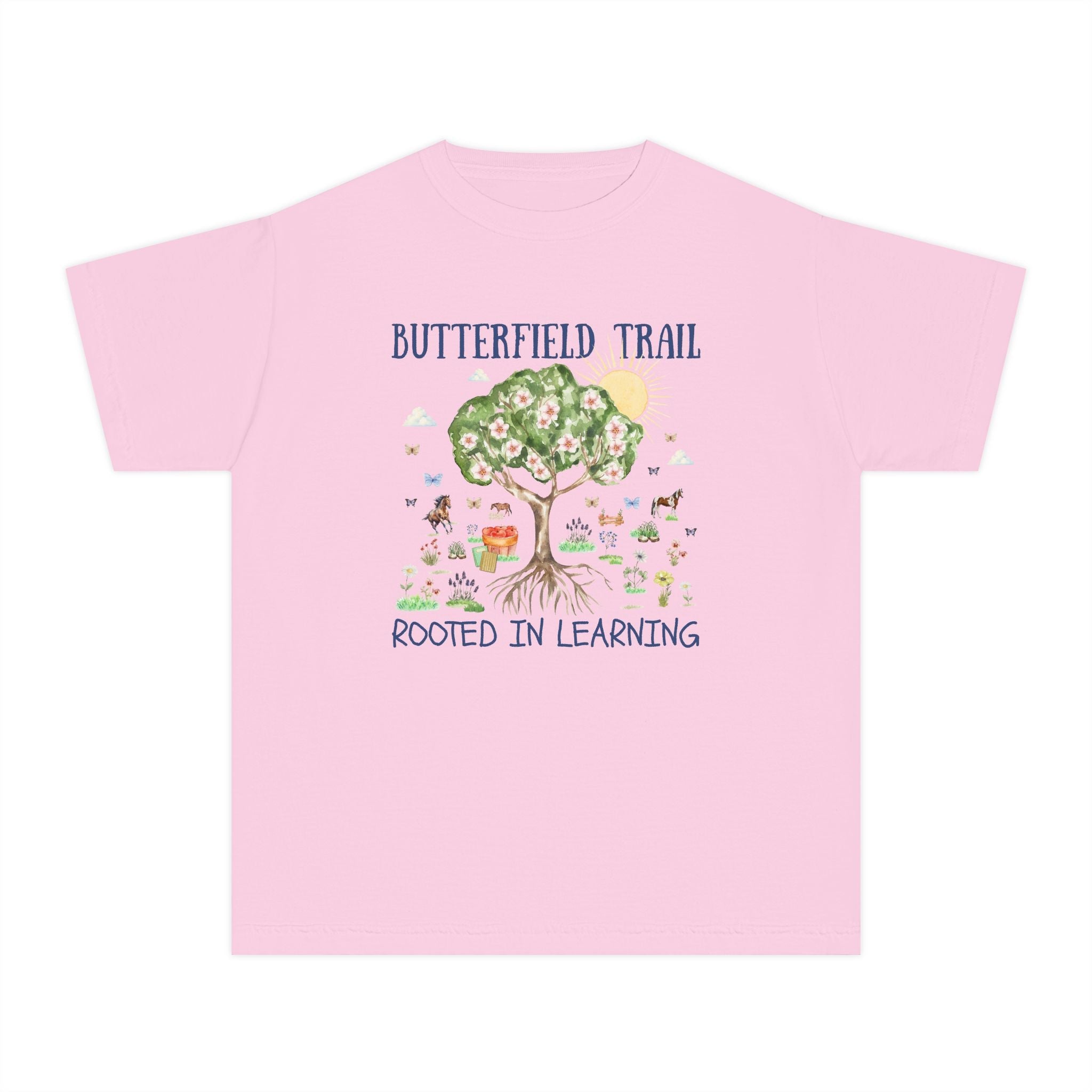 Butterfield Trail Elementary Kids Tee Shirt: Rooted in Learning | FPS + Opal and June Tee Shirt, Fayetteville Public Schools - Opal and June