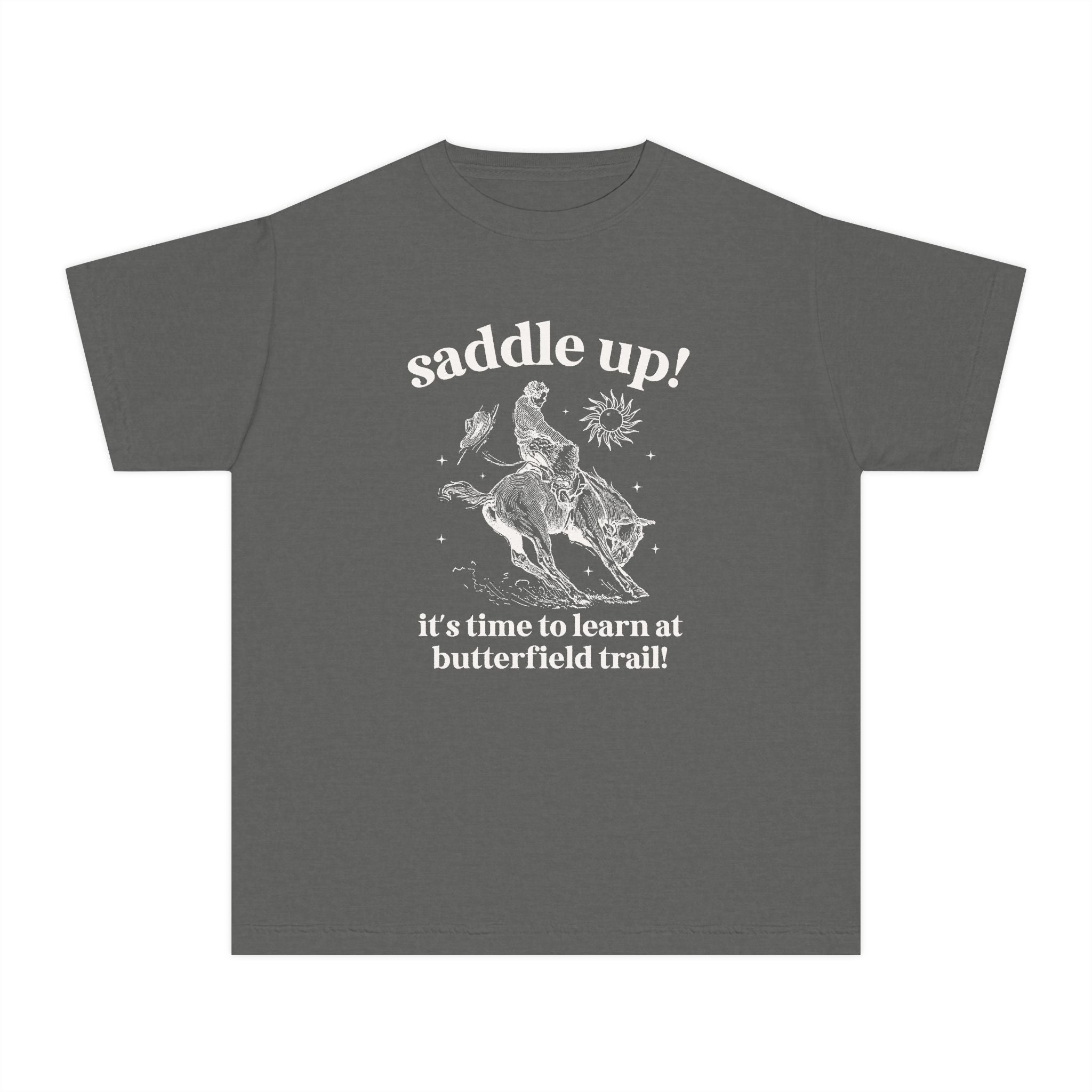 Butterfield Trail Elementary Kids Tee Shirt: Saddle Up! It's Time to Learn at Butterfield Trail! | FPS + Opal and June T-Shirt, Fayetteville Public Schools - Opal and June