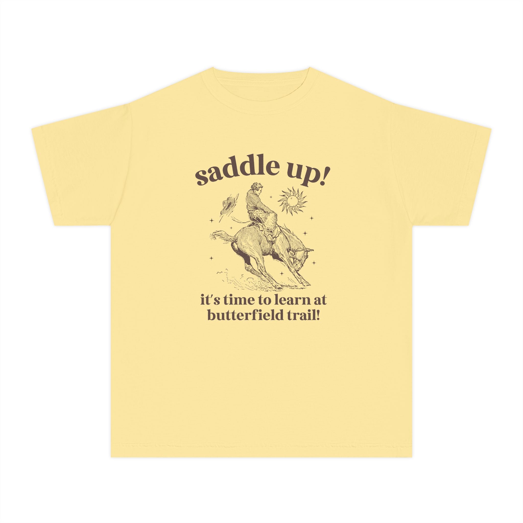 Butterfield Trail Elementary Kids Tee Shirt: Saddle Up! It's Time to Learn at Butterfield Trail! | FPS + Opal and June T-Shirt, Fayetteville Public Schools - Opal and June