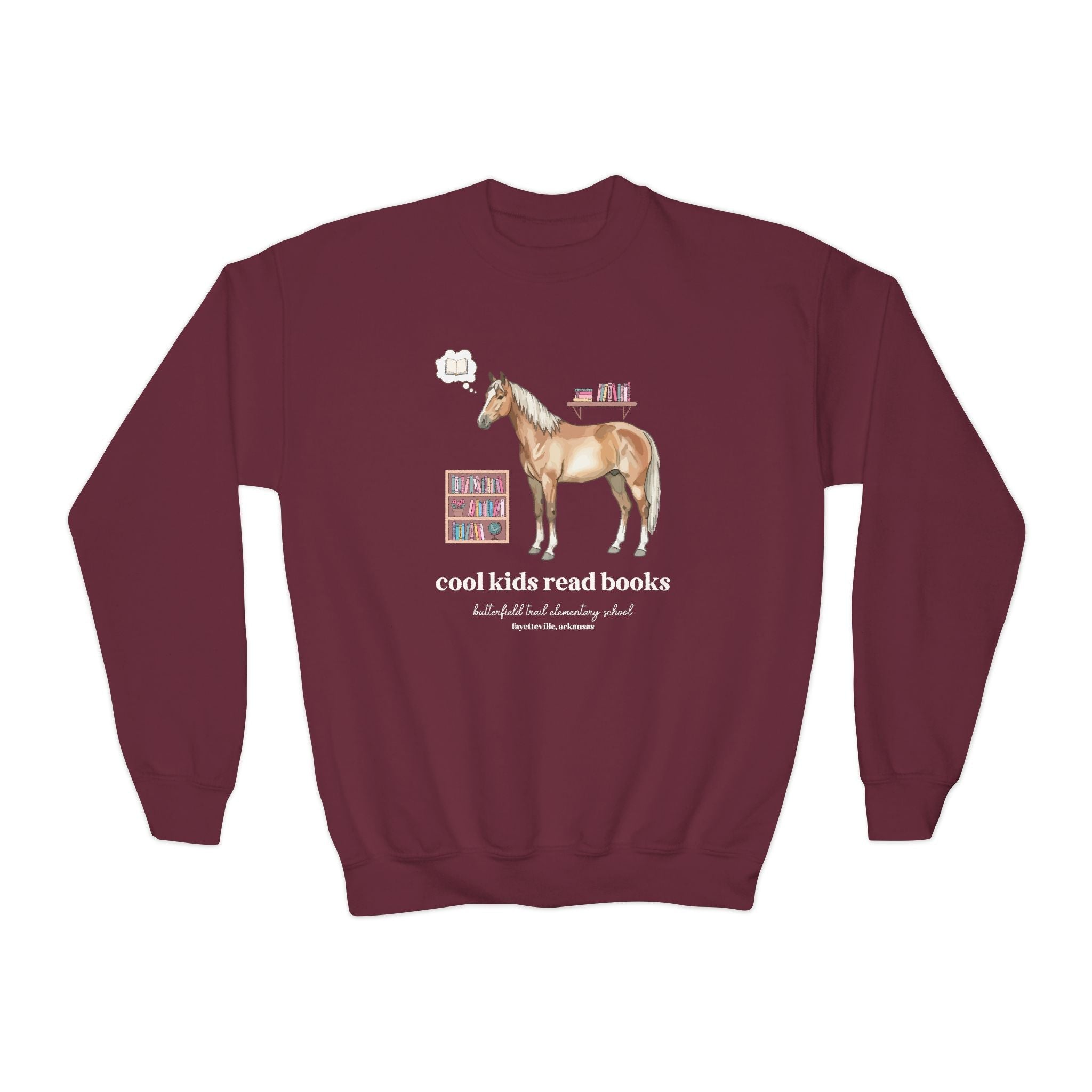 Butterfield Trail Elementary School Kids Sweatshirt: Cool Kids Read Books | FPS + Opal and June Kids Sweatshirt, Fayetteville Public Schools - Opal and June