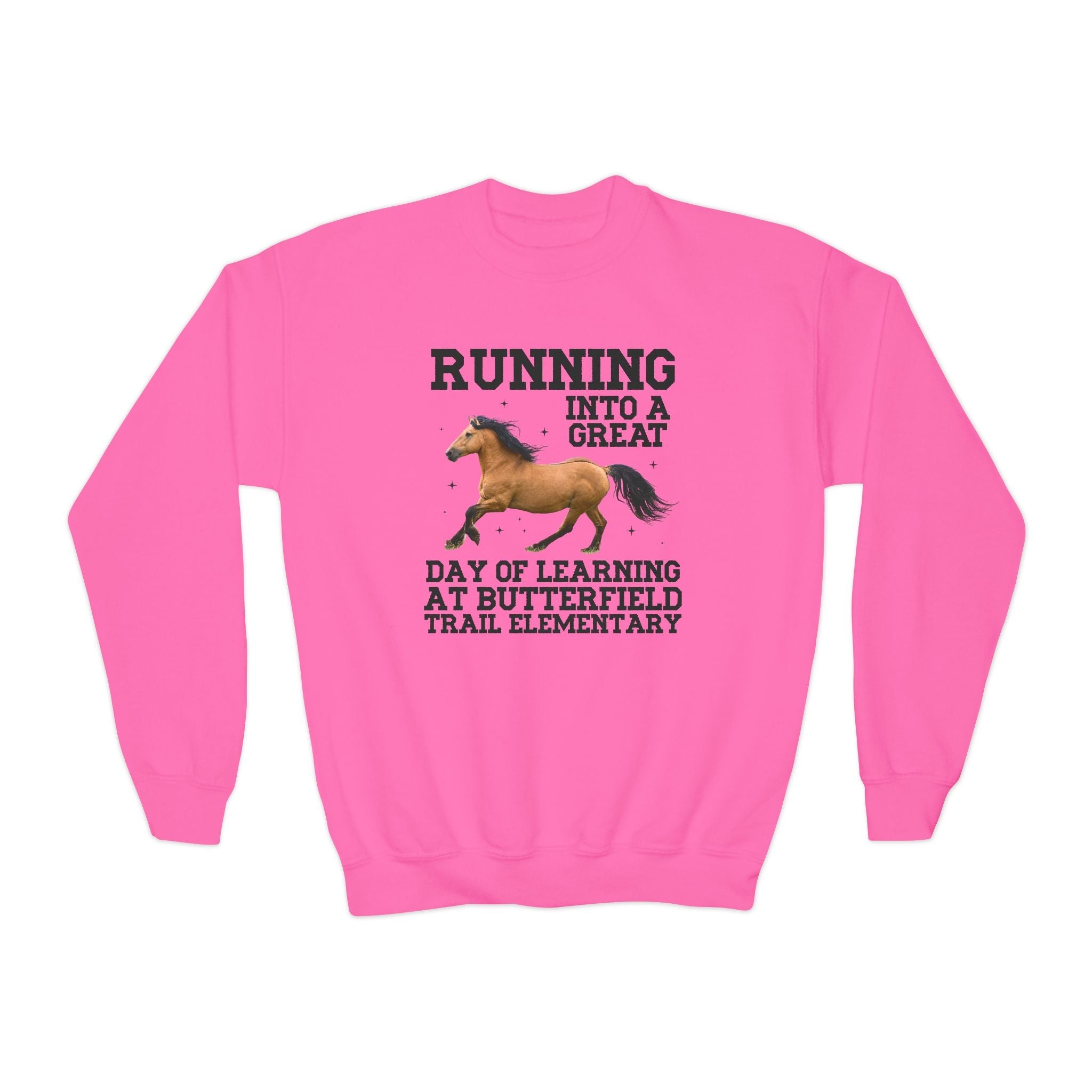 Butterfield Trail Elementary School Kids Sweatshirt: Running Into a Great Day of Learning | FPS + Opal and June Kids Sweatshirt, Fayetteville Public Schools - Opal and June